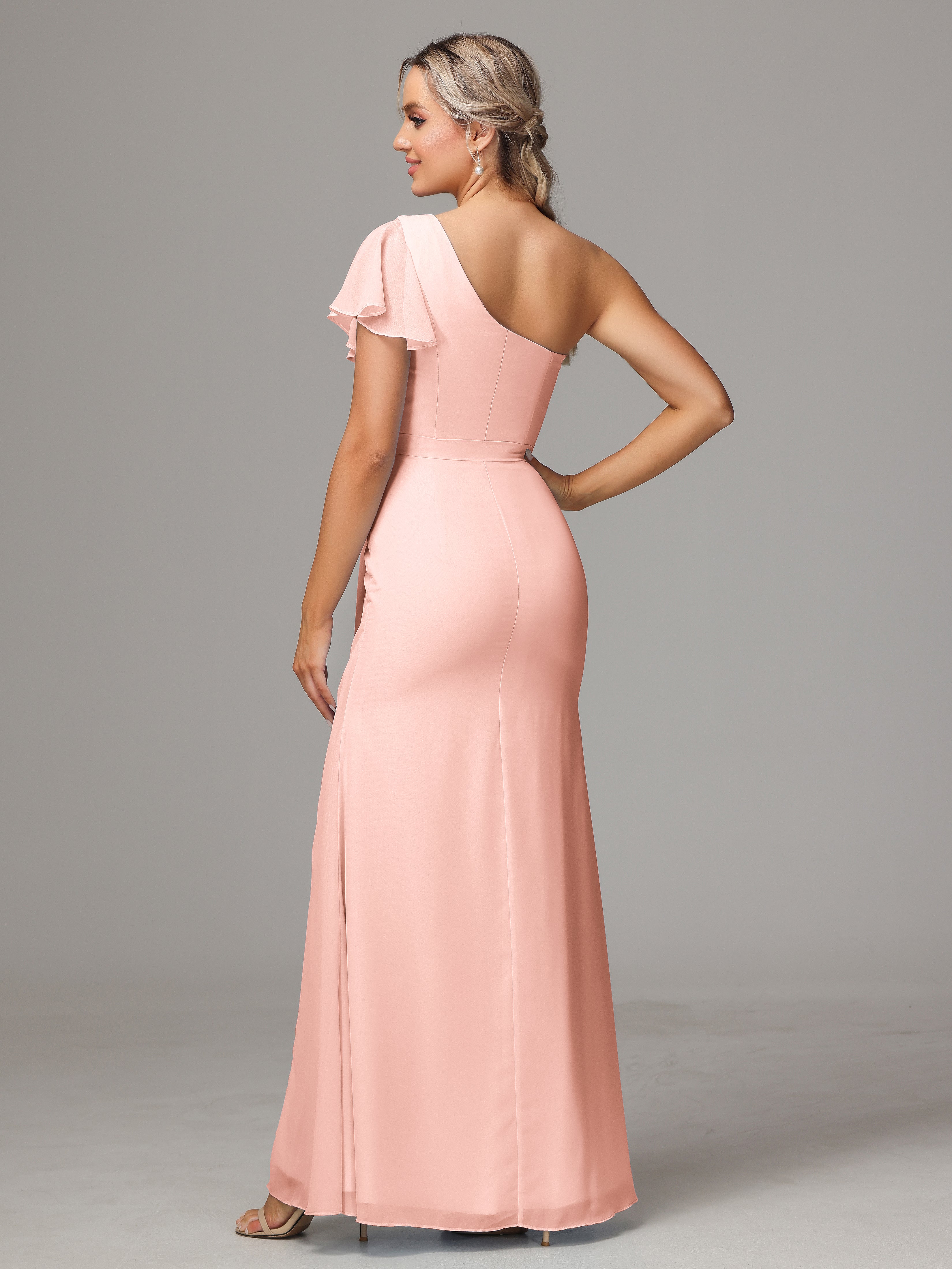 Demoiselle D Honneur Corail Fourreau Seule Épaule Fendue Mousseline Robe Demoiselle D'Honneur