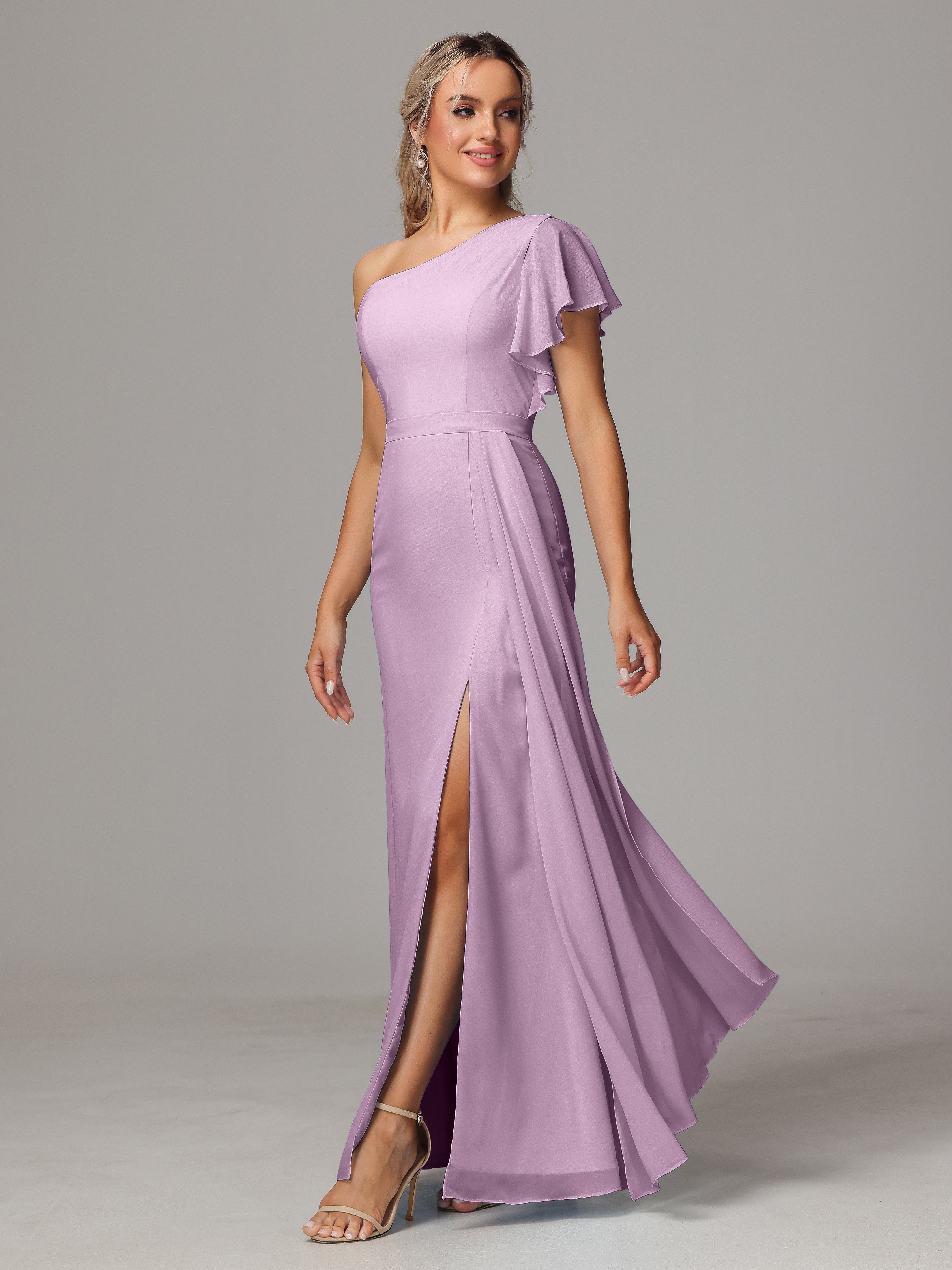 Robes De Demoiselle D'Honneur Glycine Fourreau Seule Épaule Fendue Mousseline Robe Demoiselle D'Honneur