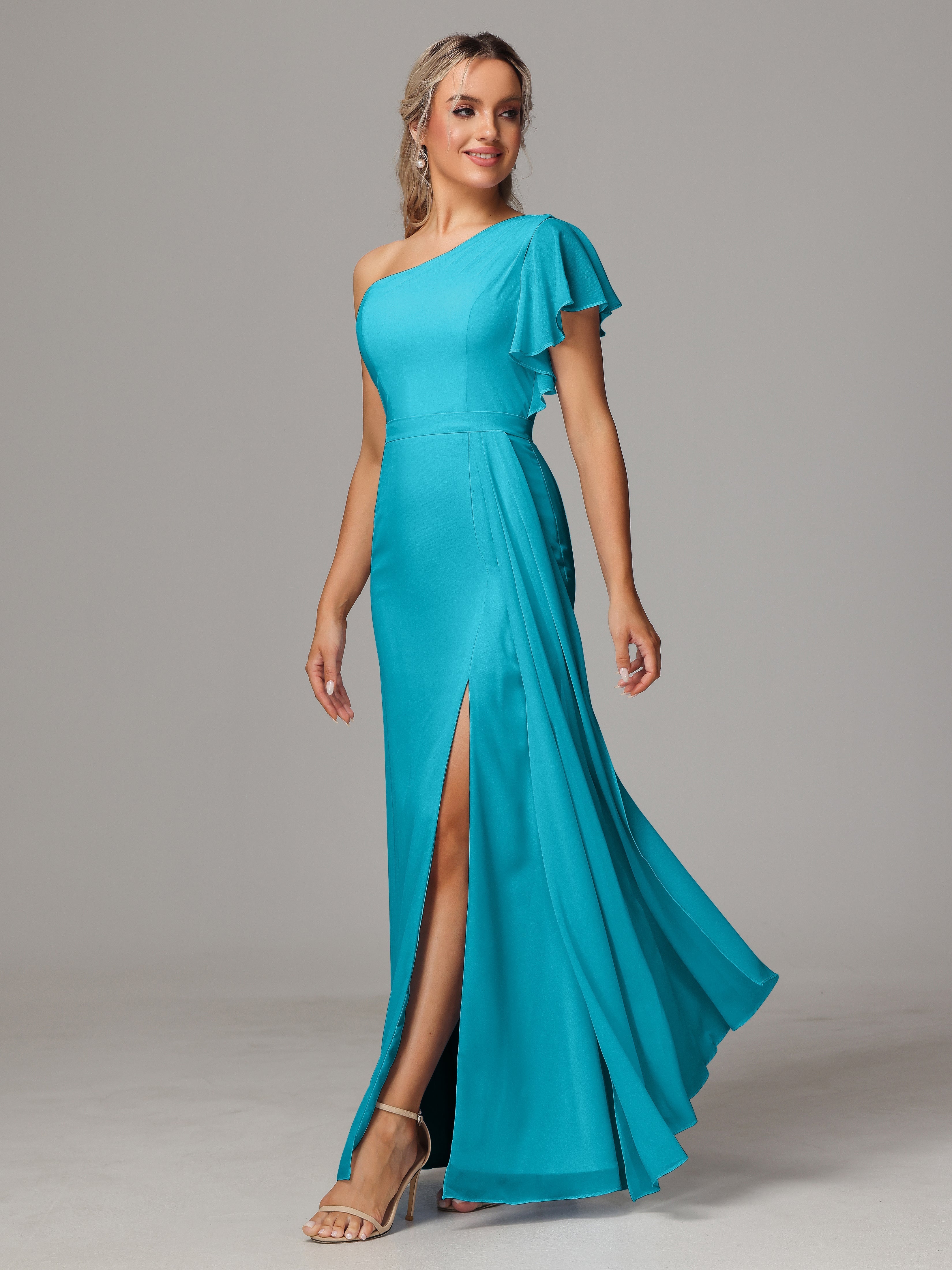 Robes De Demoiselle D'Honneur Vert Jade Fourreau Seule Épaule Fendue Mousseline Robe Demoiselle D'Honneur