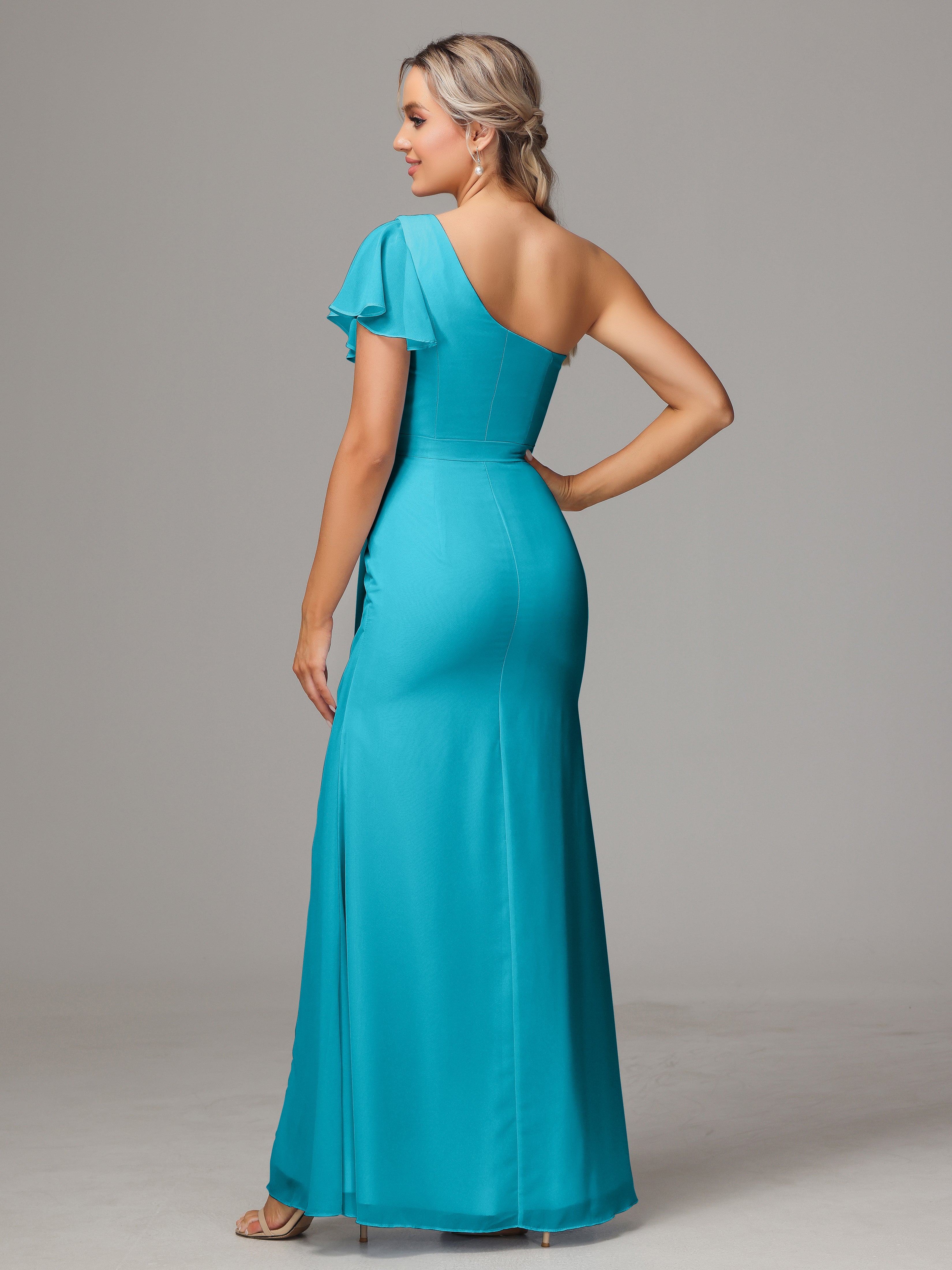 Robes De Demoiselle D'Honneur Vert Jade Fourreau Seule Épaule Fendue Mousseline Robe Demoiselle D'Honneur