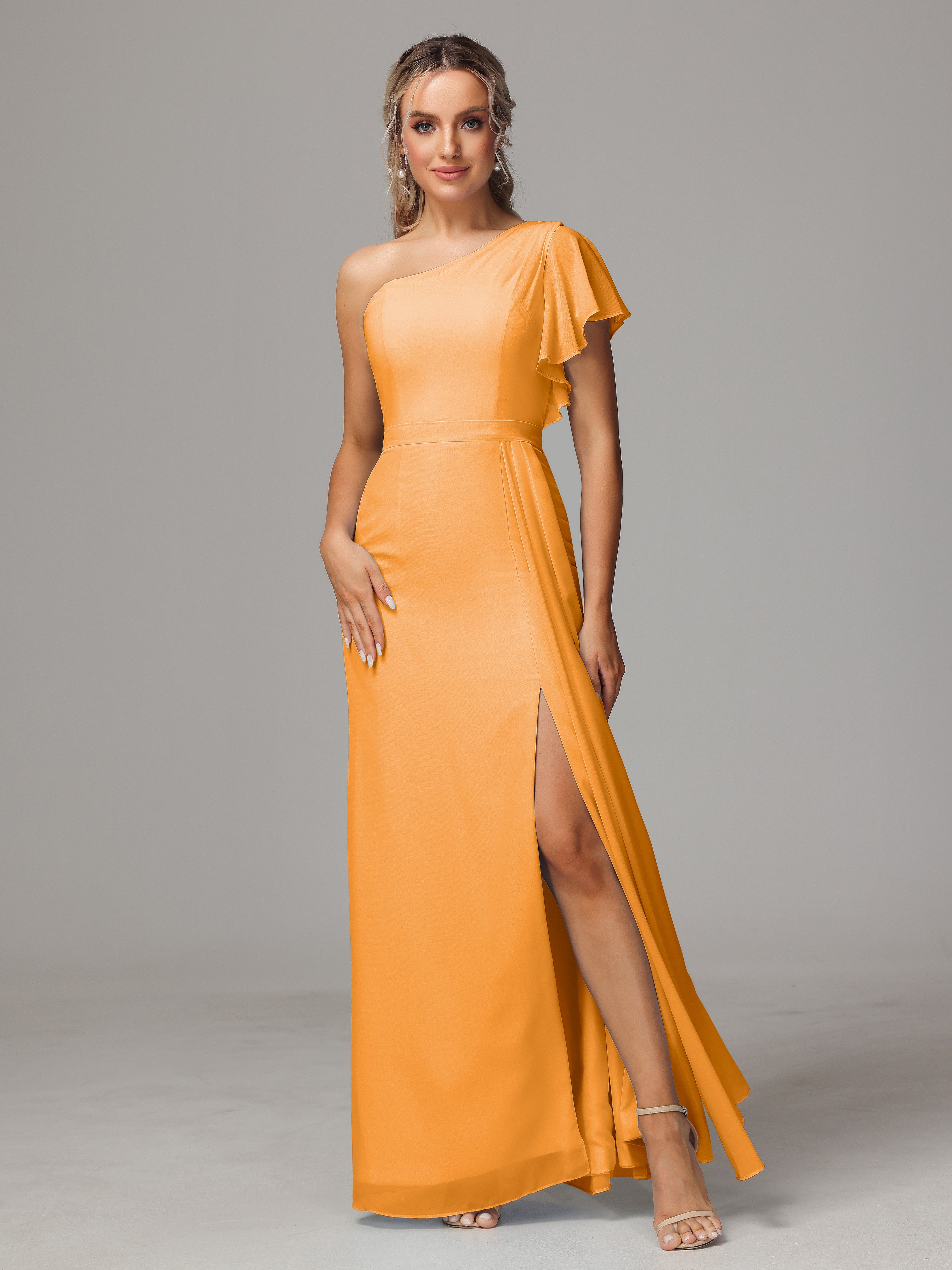 Robes De Demoiselle D'Honneur Mandarine Fourreau Seule Épaule Fendue Mousseline Robe Demoiselle D'Honneur