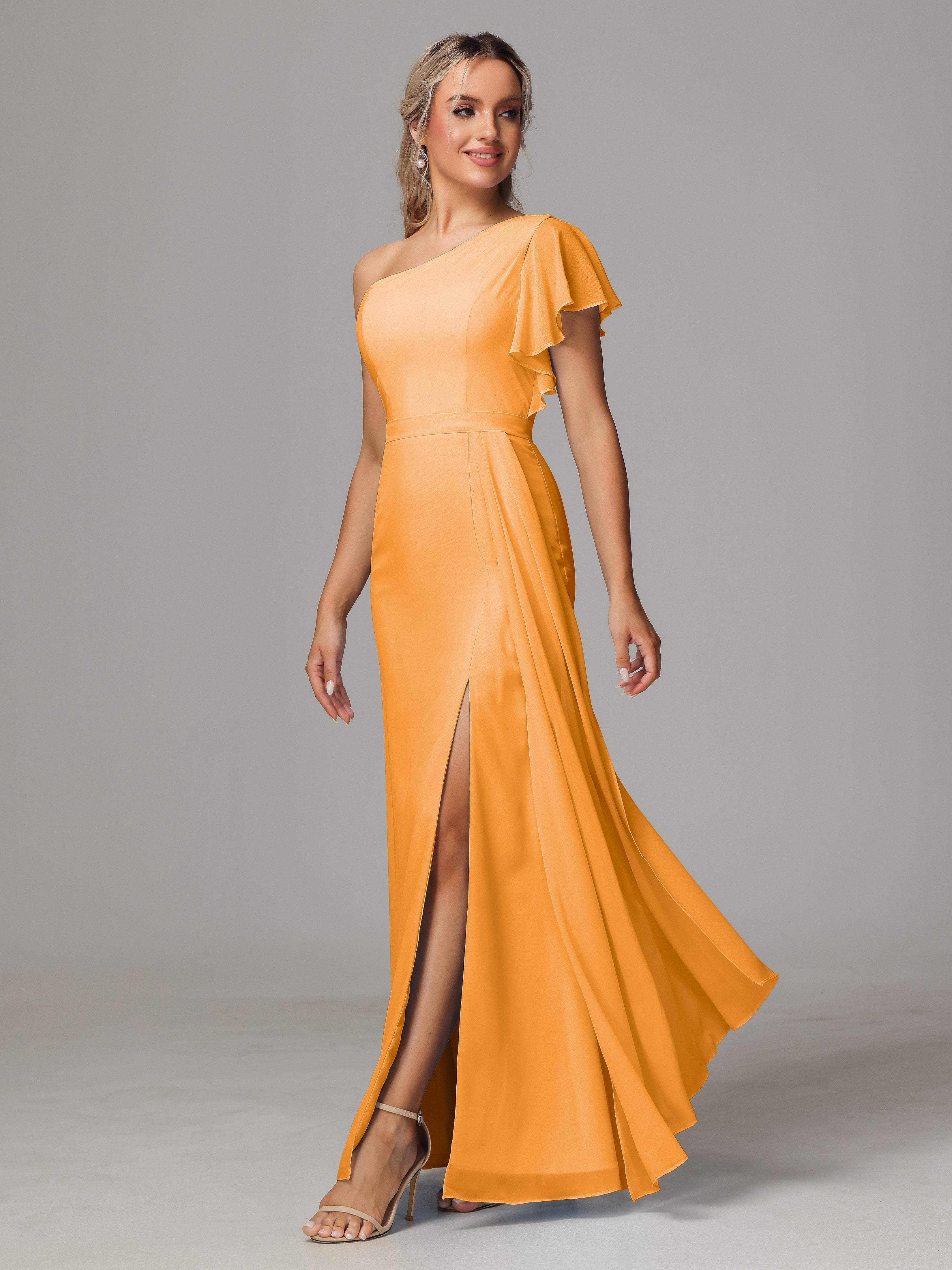 Robes De Demoiselle D'Honneur Mandarine Fourreau Seule Épaule Fendue Mousseline Robe Demoiselle D'Honneur