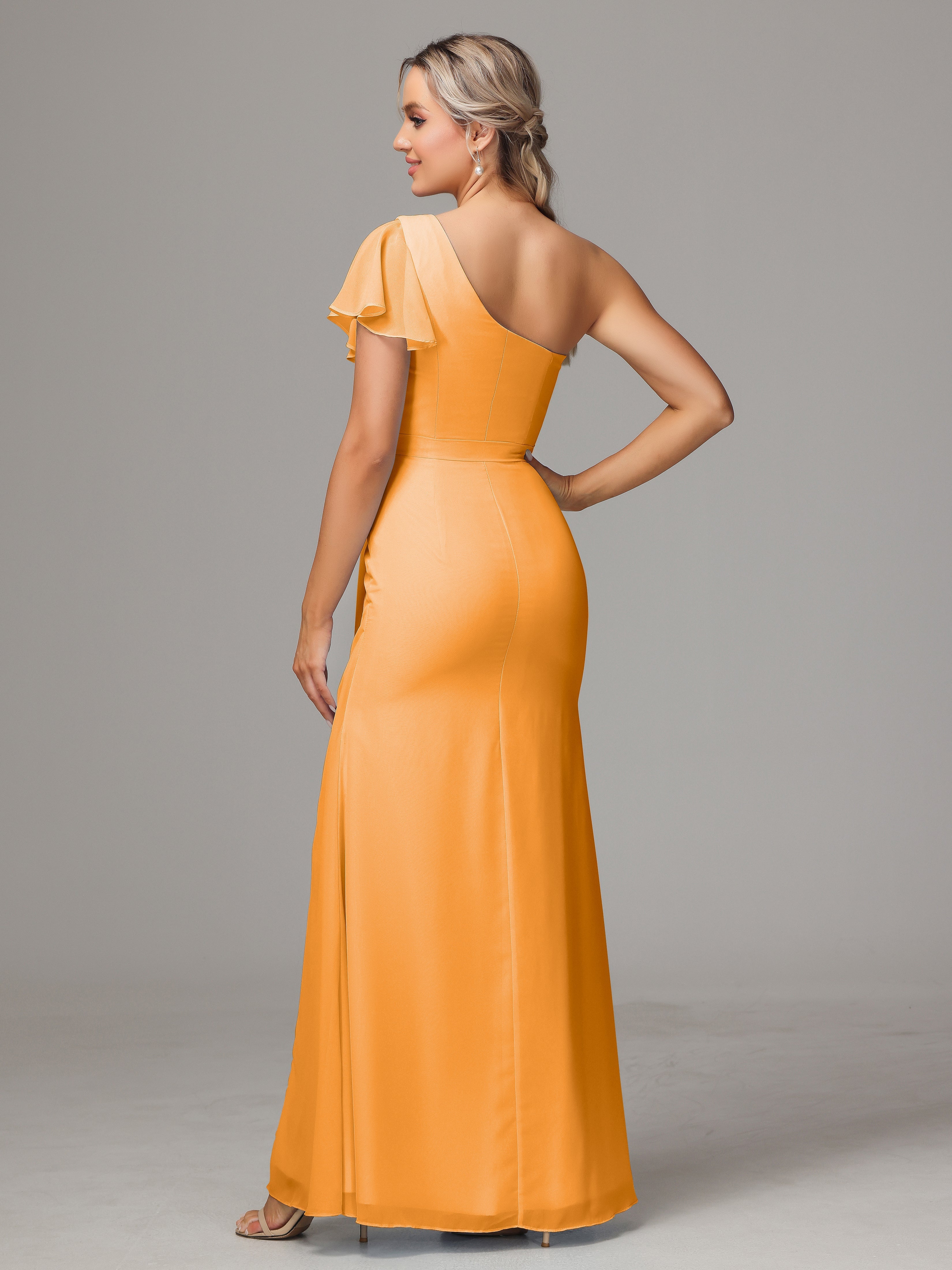 Robes De Demoiselle D'Honneur Mandarine Fourreau Seule Épaule Fendue Mousseline Robe Demoiselle D'Honneur