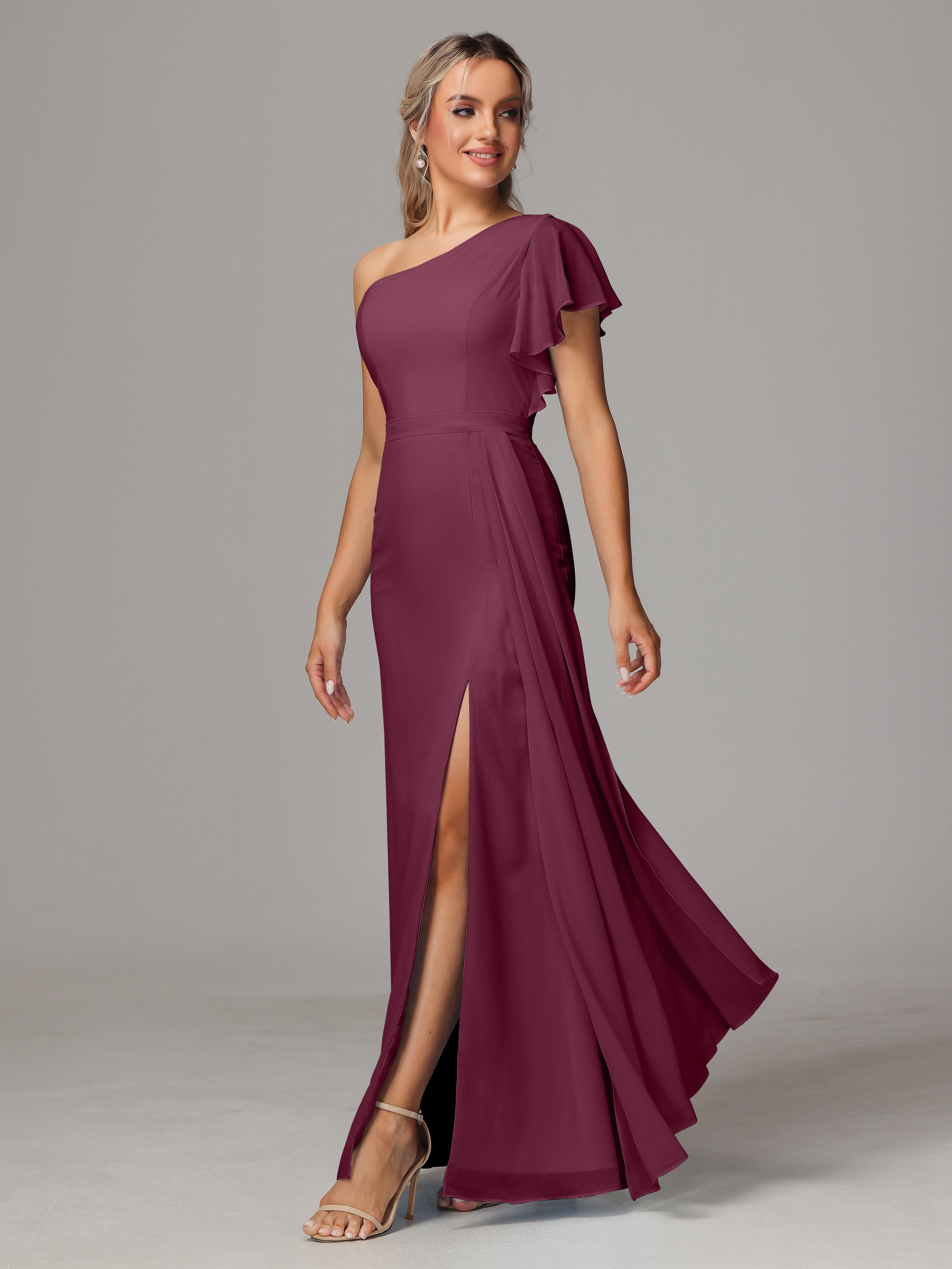 Robes De Demoiselle D'Honneur Mûre Fourreau Seule Épaule Fendue Mousseline Robe Demoiselle D'Honneur
