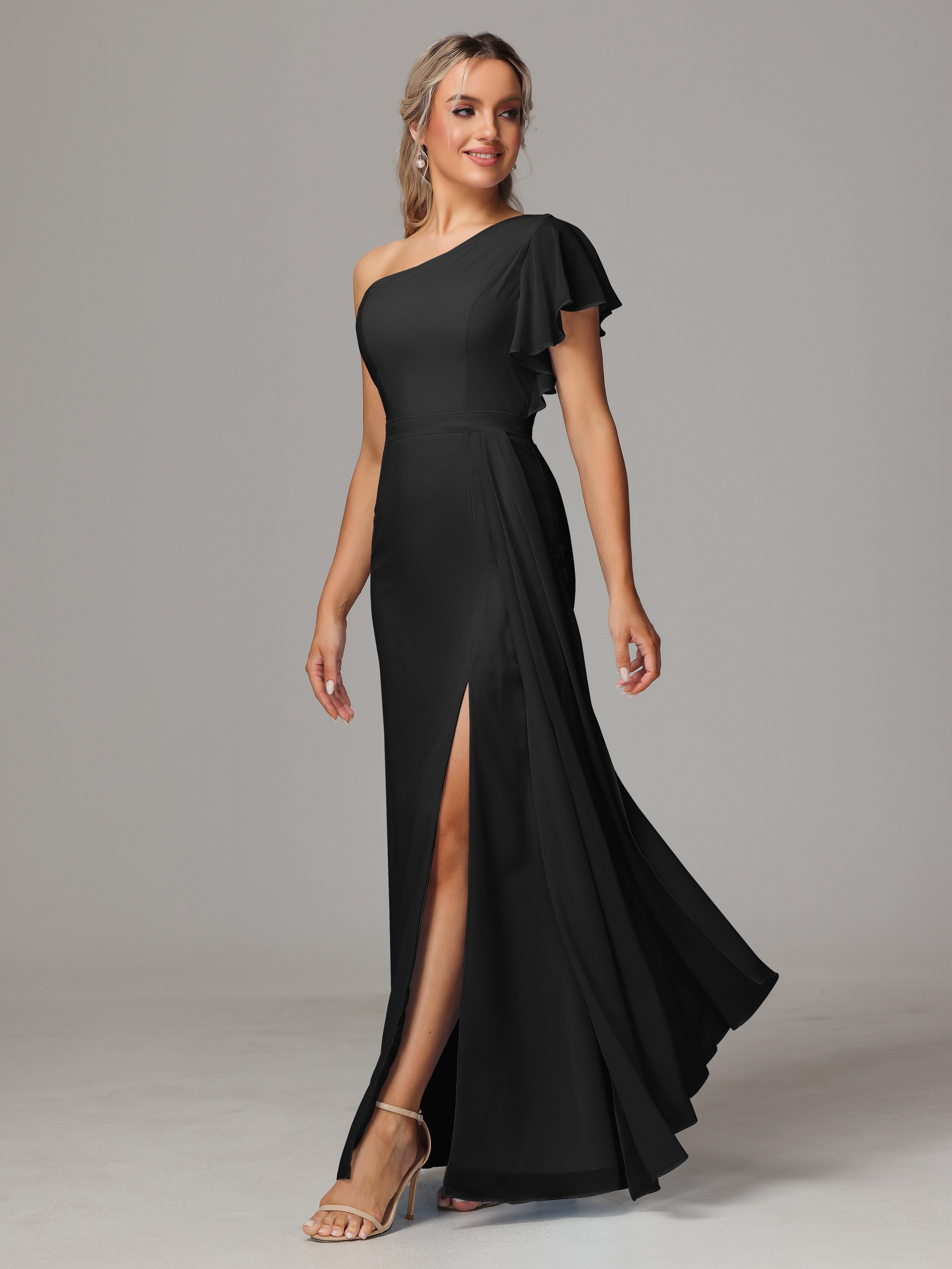 Robe De Demoiselle D Honneur Noir Fourreau Seule Épaule Fendue Mousseline Robe Demoiselle D'Honneur