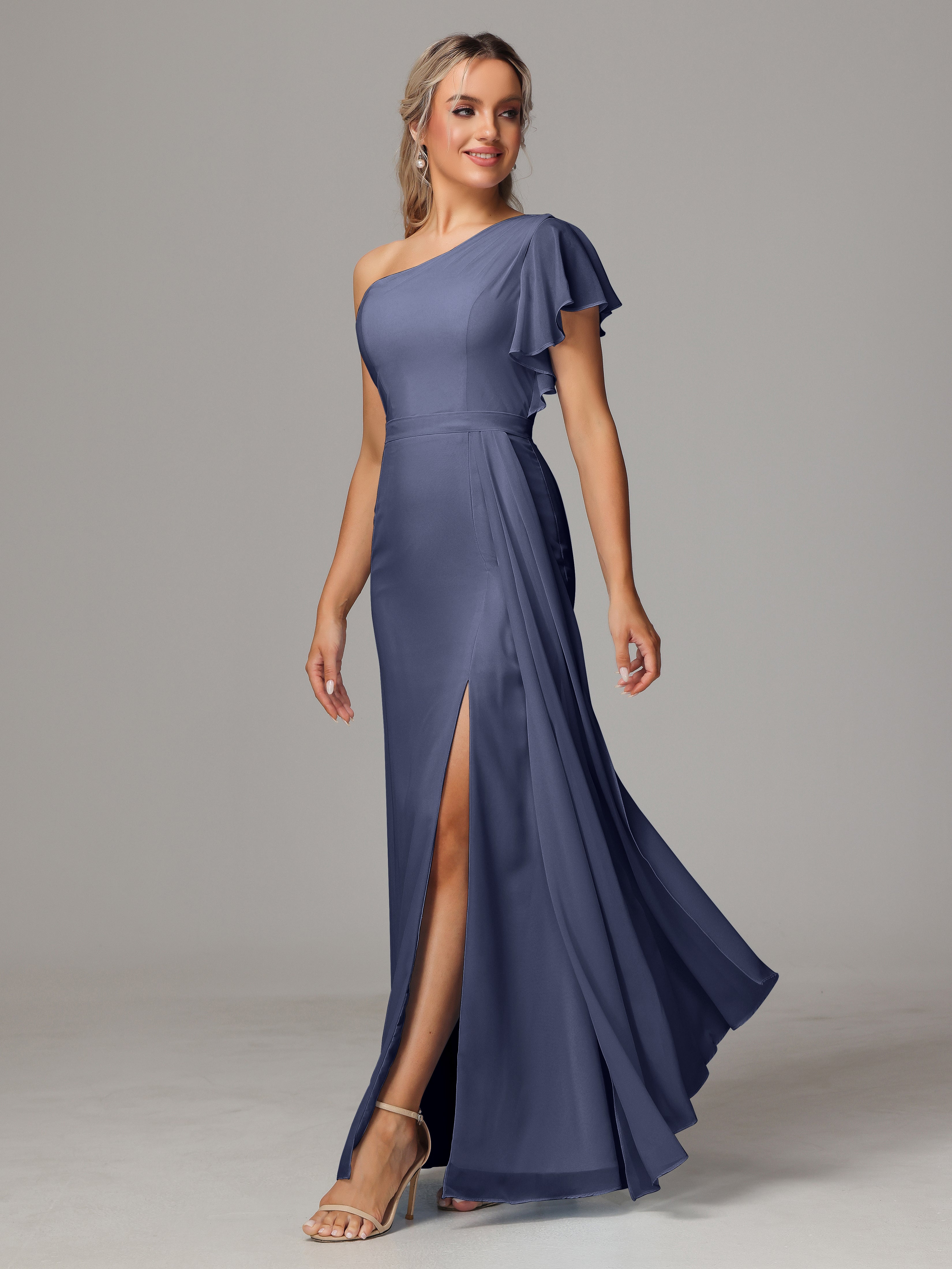 Robes De Demoiselle D'Honneur Bleu Orageux Fourreau Seule Épaule Fendue Mousseline Robe Demoiselle D'Honneur