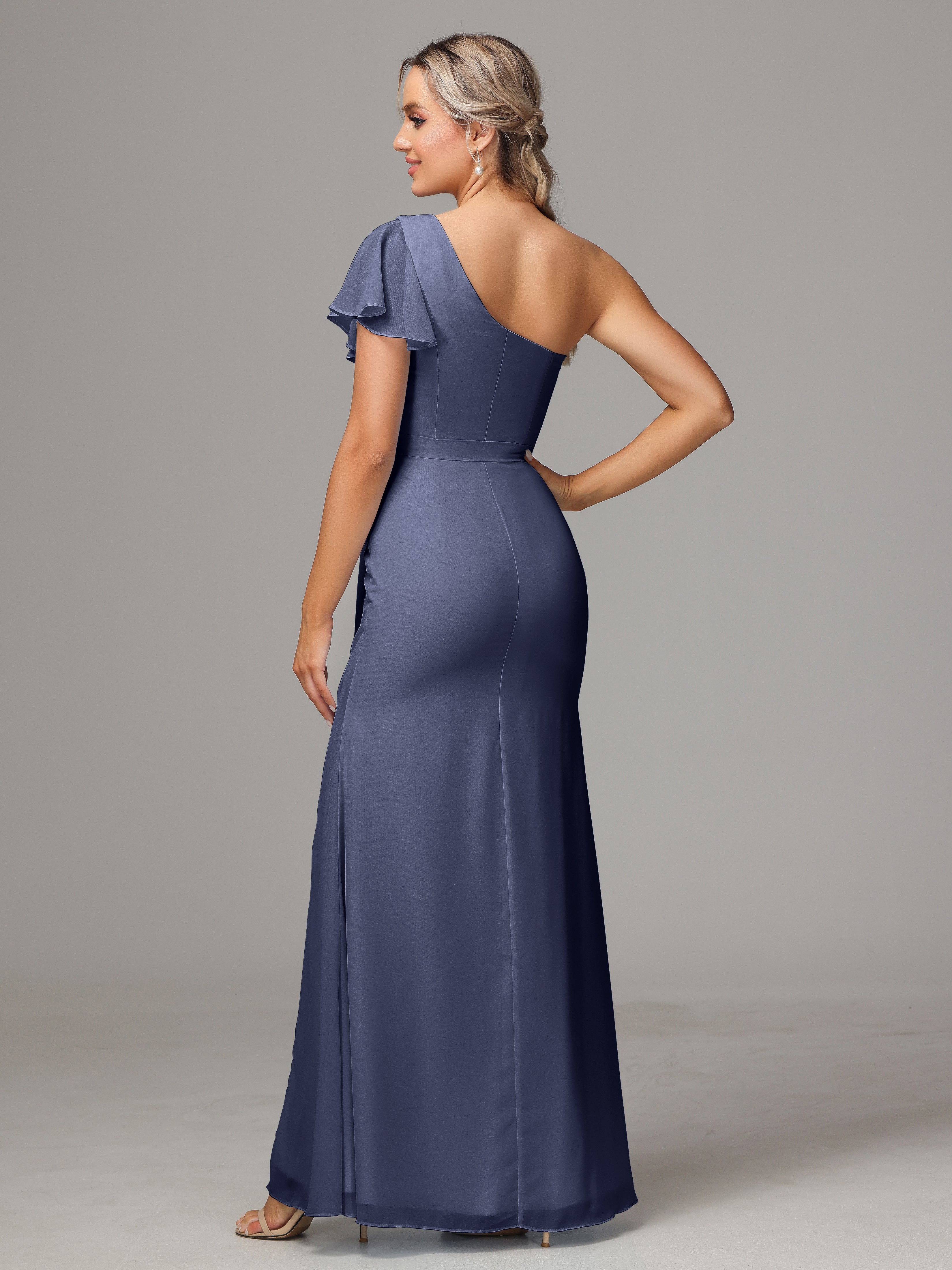 Robes De Demoiselle D'Honneur Bleu Orageux Fourreau Seule Épaule Fendue Mousseline Robe Demoiselle D'Honneur