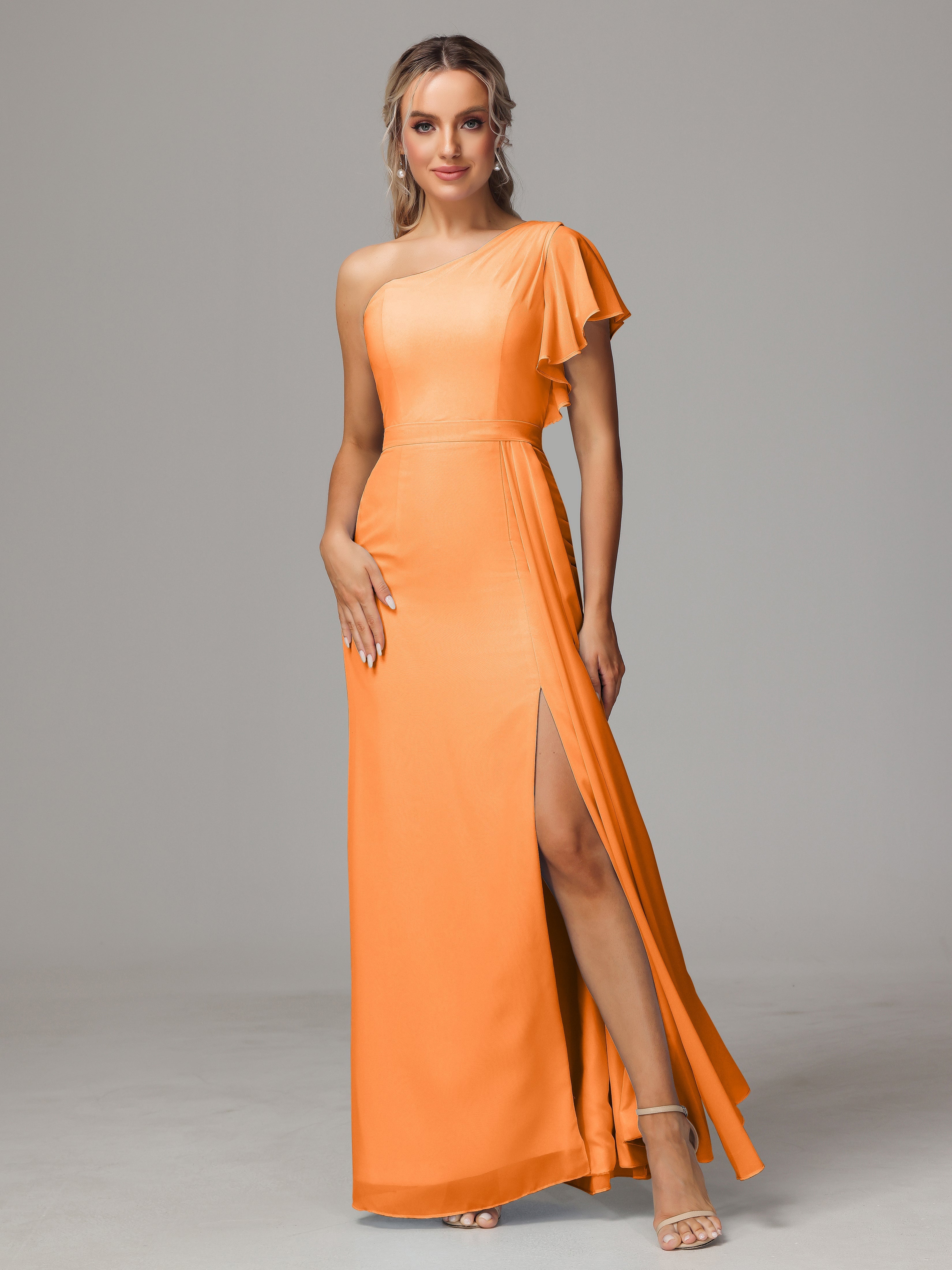 Robe Mousseline Orange Fourreau Seule Épaule Fendue Mousseline Robe Demoiselle D'Honneur