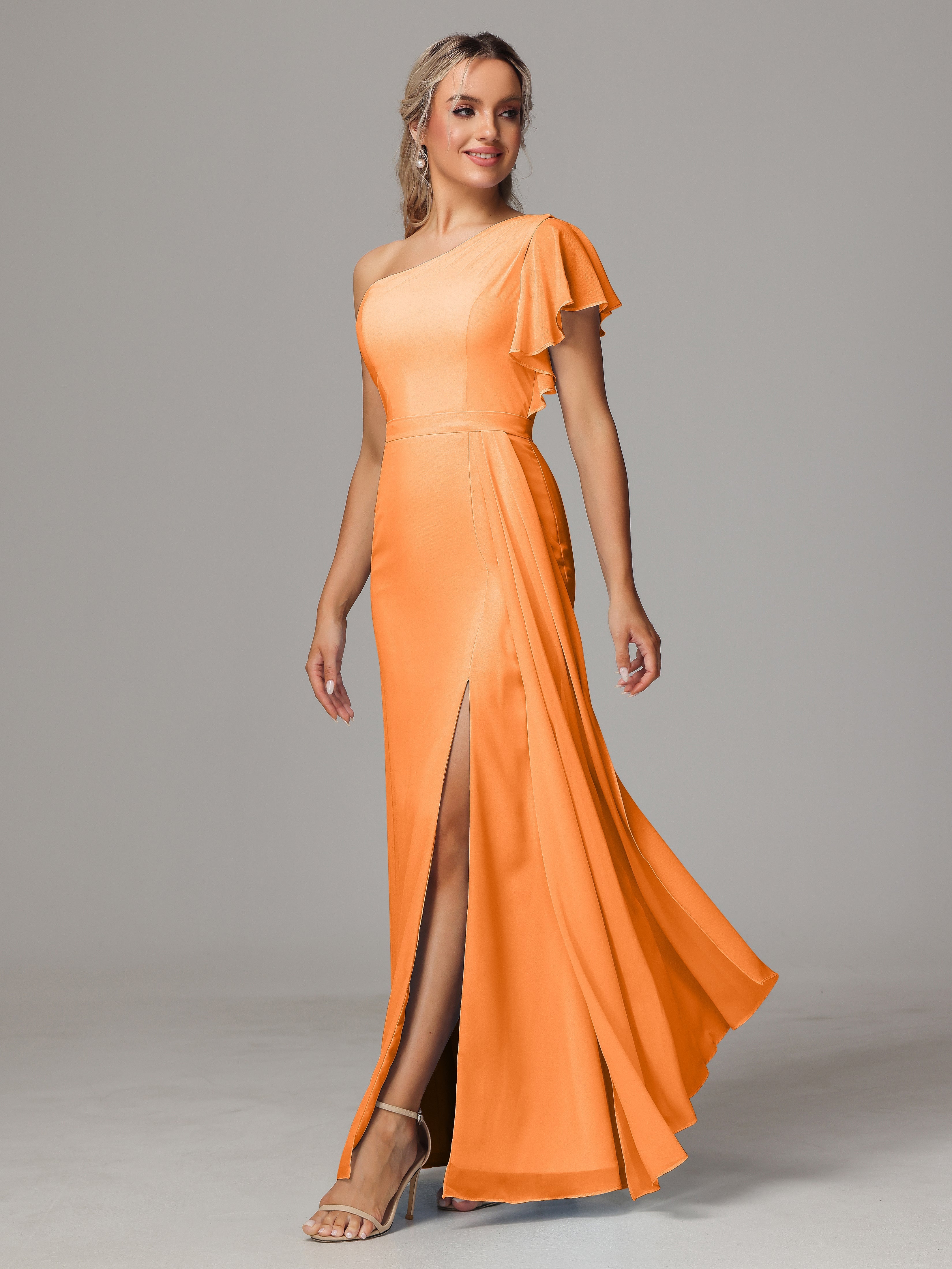 Robe Mousseline Orange Fourreau Seule Épaule Fendue Mousseline Robe Demoiselle D'Honneur