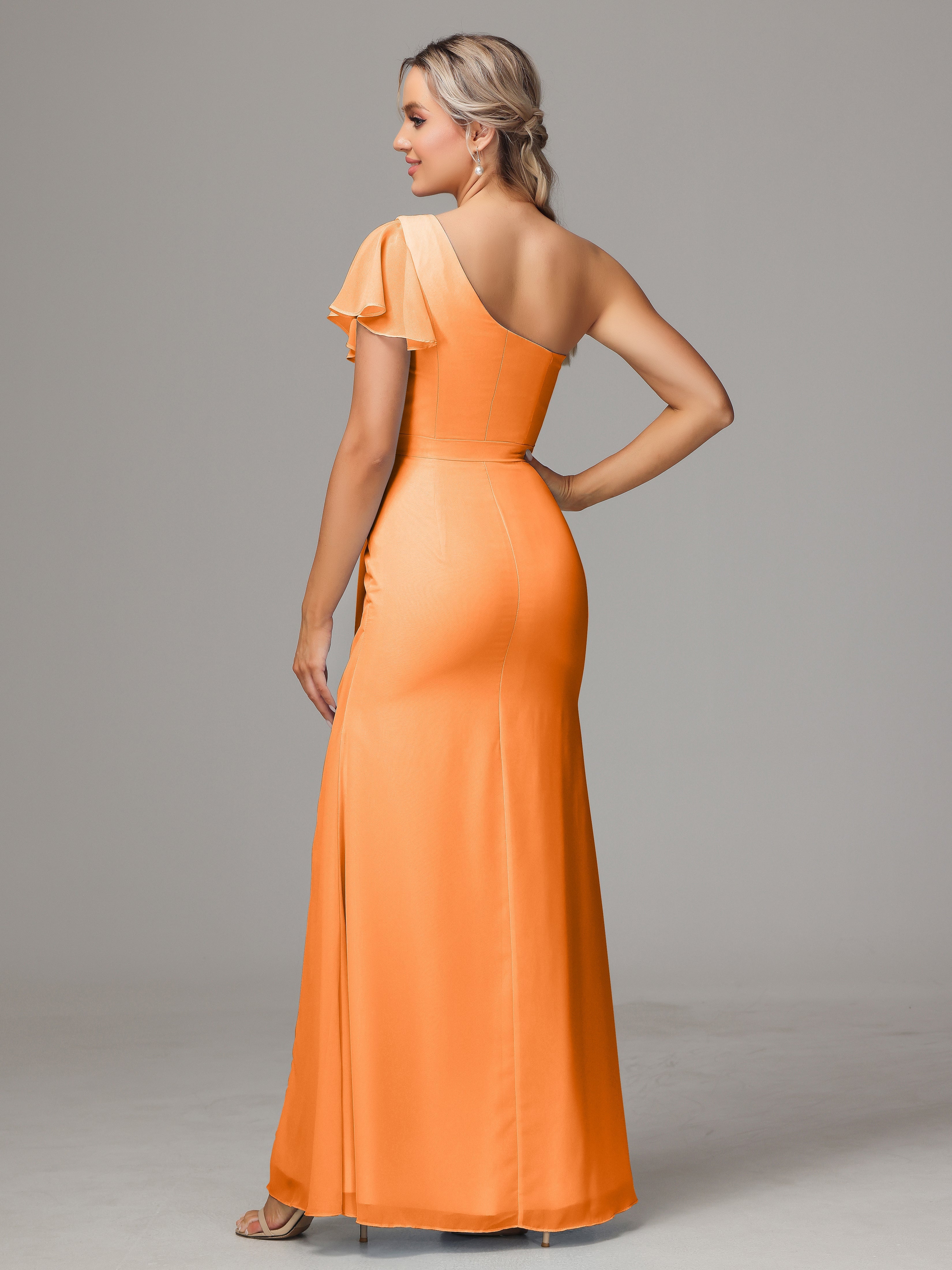 Robe Mousseline Orange Fourreau Seule Épaule Fendue Mousseline Robe Demoiselle D'Honneur