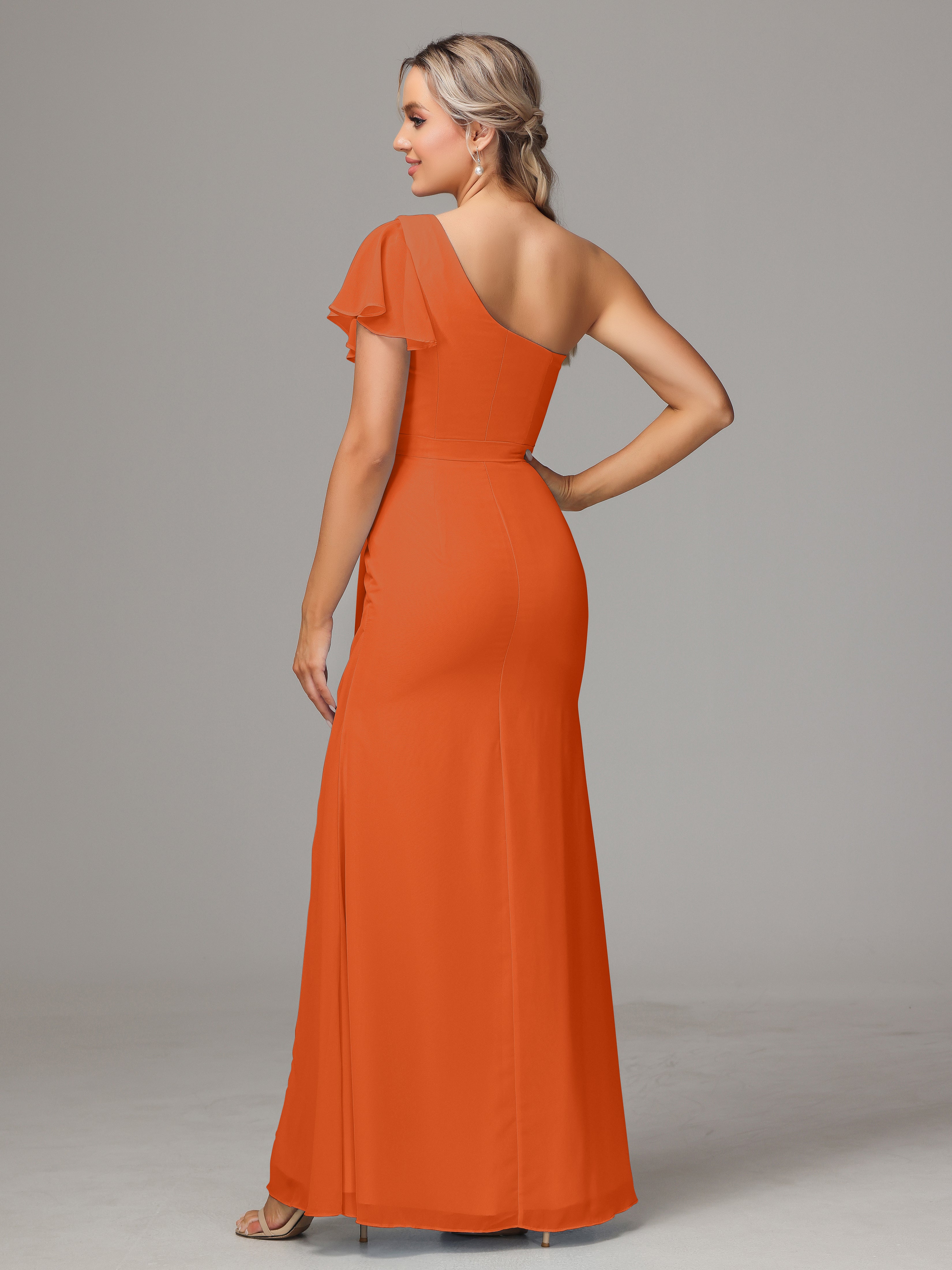 Robes De Demoiselle D'Honneur Orange Brûlé Fourreau Seule Épaule Fendue Devant Mousseline Robe Demoiselle D'Honneur