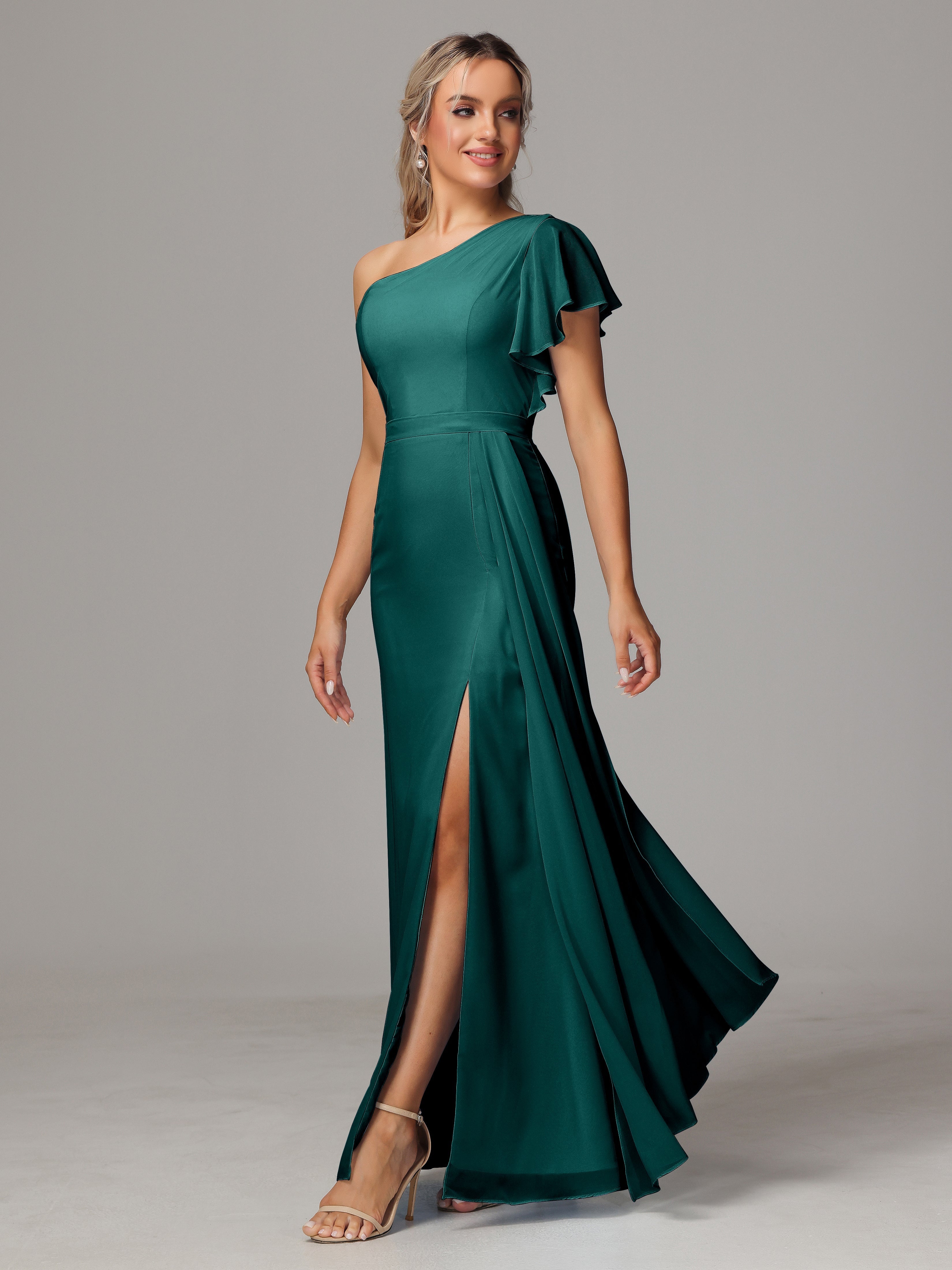 Demoiselles D'Honneur De Paon Fourreau Seule Épaule Fendue Mousseline Robe Demoiselle D'Honneur