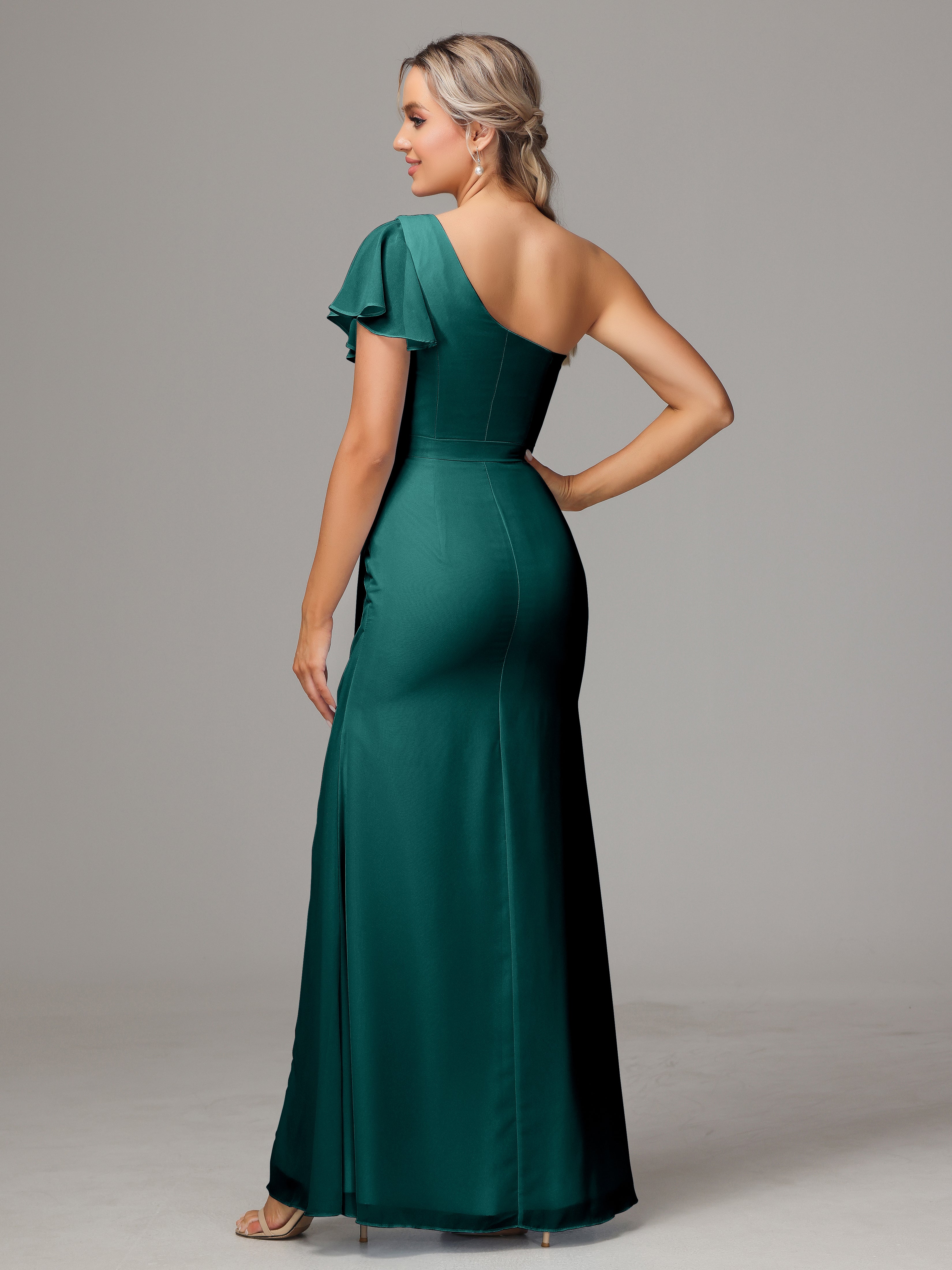 Demoiselles D'Honneur De Paon Fourreau Seule Épaule Fendue Mousseline Robe Demoiselle D'Honneur