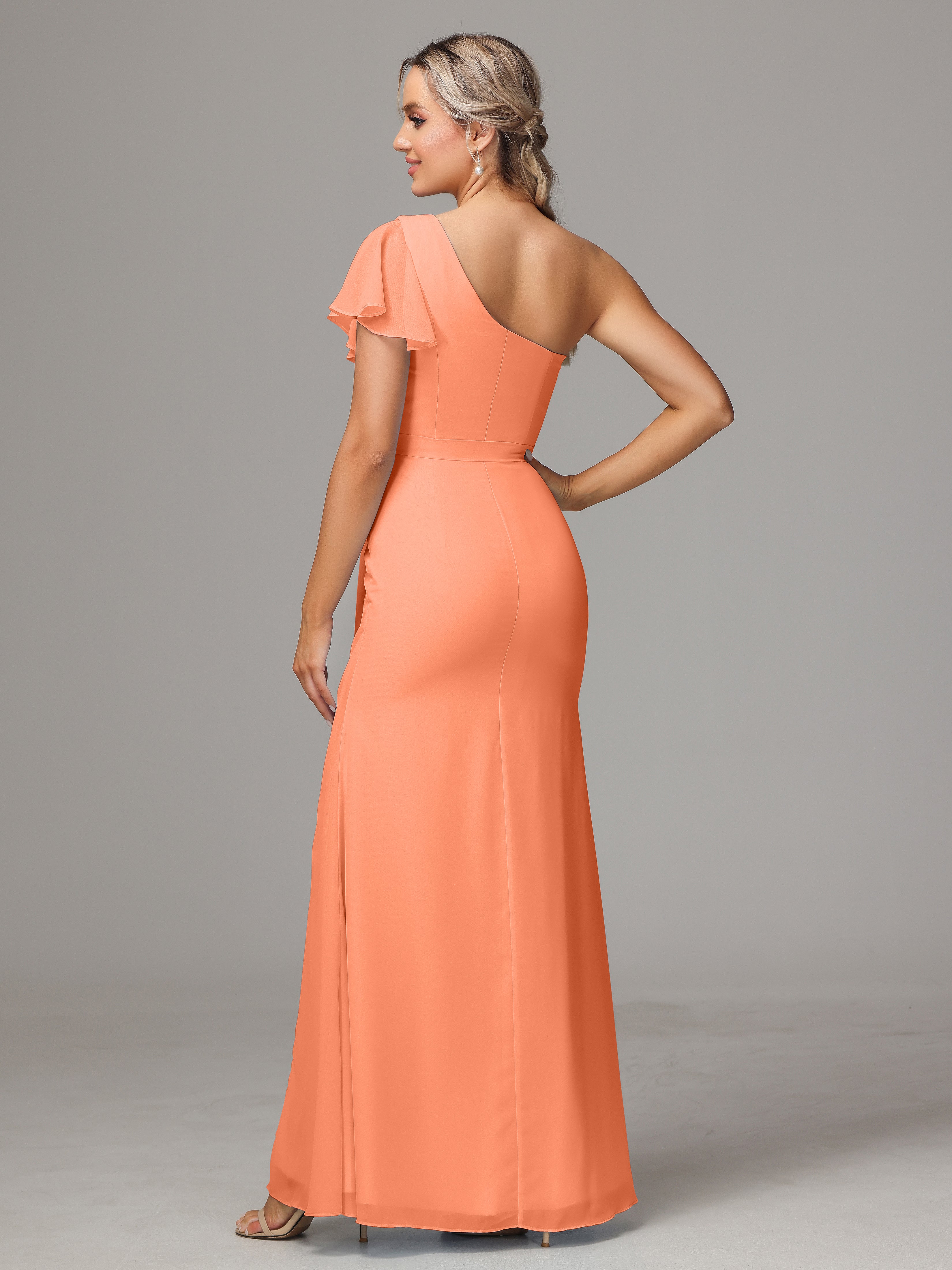 Robes De Demoiselle D'Honneur Papaye Fourreau Seule Épaule Fendue Mousseline Robe Demoiselle D'Honneur