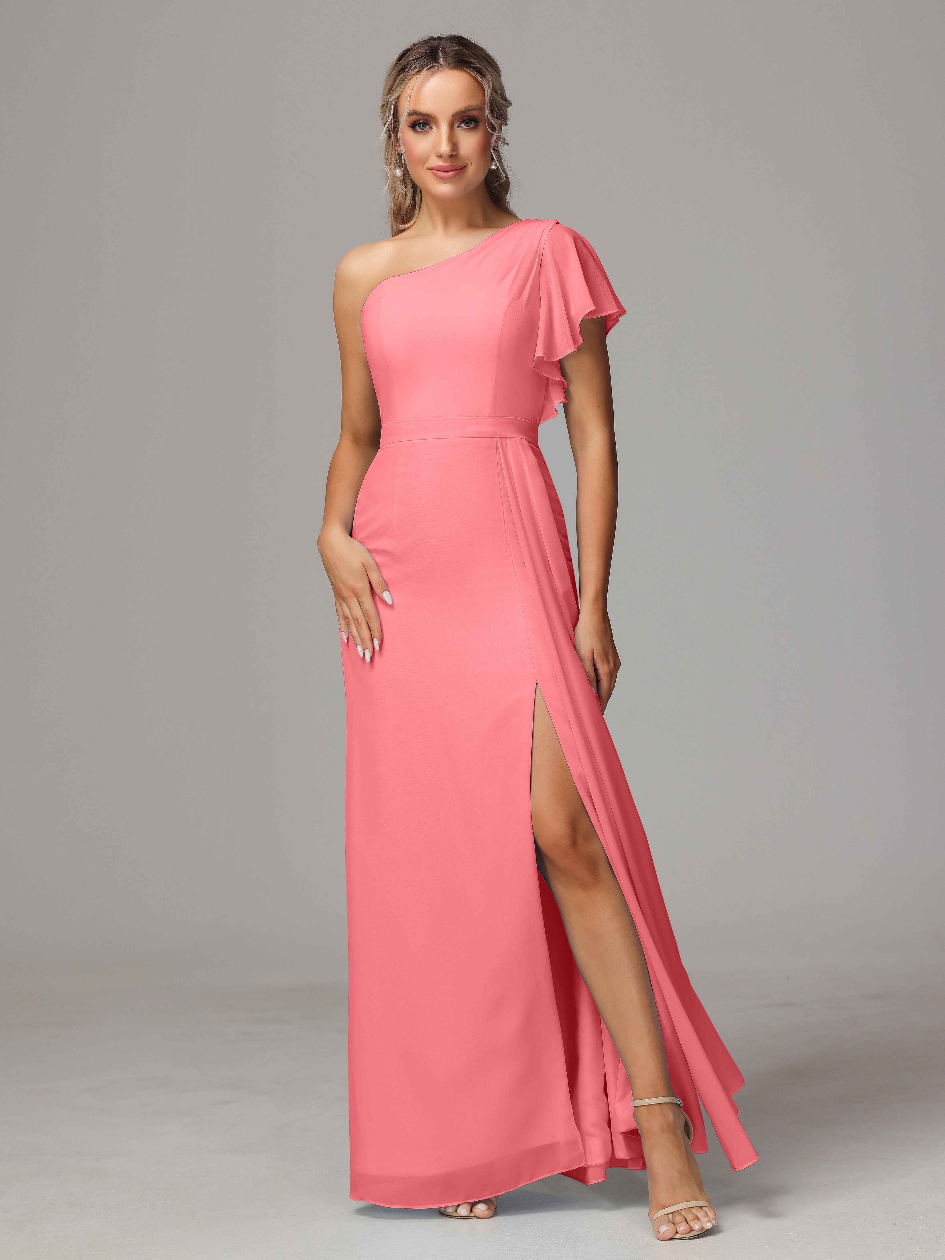 Robes De Demoiselle D'Honneur Pastèque Fourreau Seule Épaule Fendue Mousseline Robe Demoiselle D'Honneur