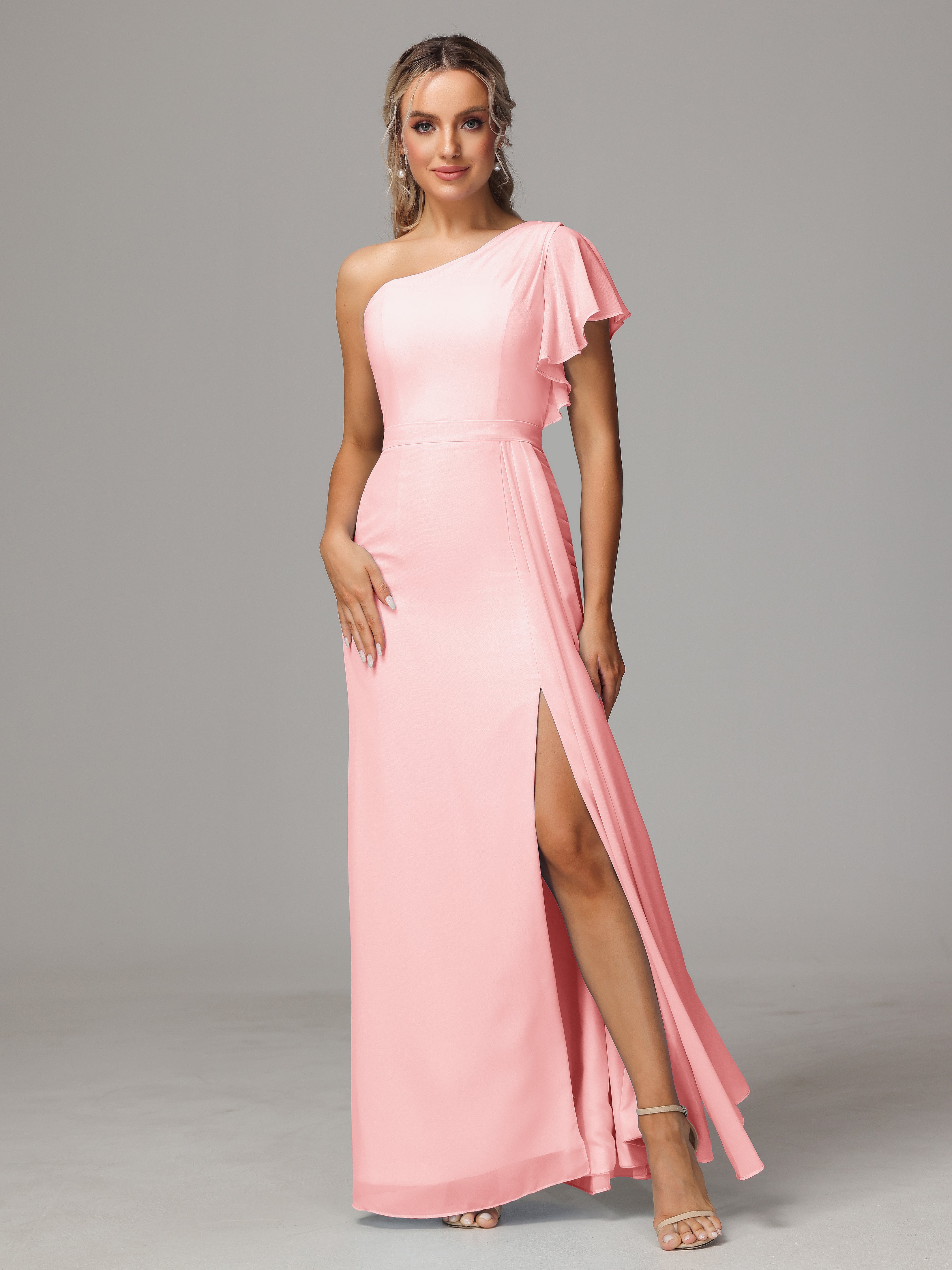 Robes De Demoiselle D'Honneur De Couleur Rose Fourreau Seule Épaule Fendue Devant Mousseline Robe Demoiselle D'Honneur