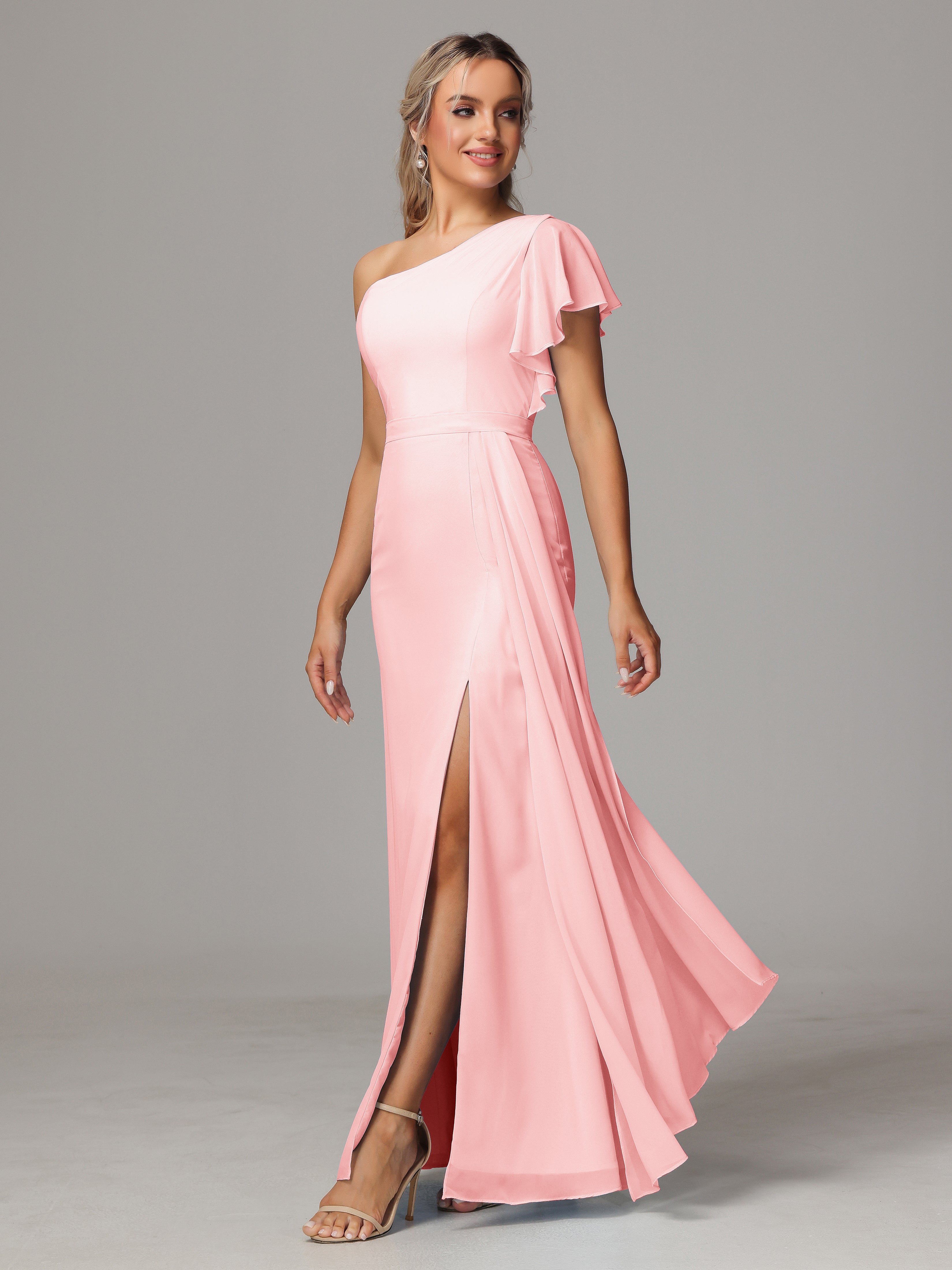 Robes De Demoiselle D'Honneur De Couleur Rose Fourreau Seule Épaule Fendue Devant Mousseline Robe Demoiselle D'Honneur