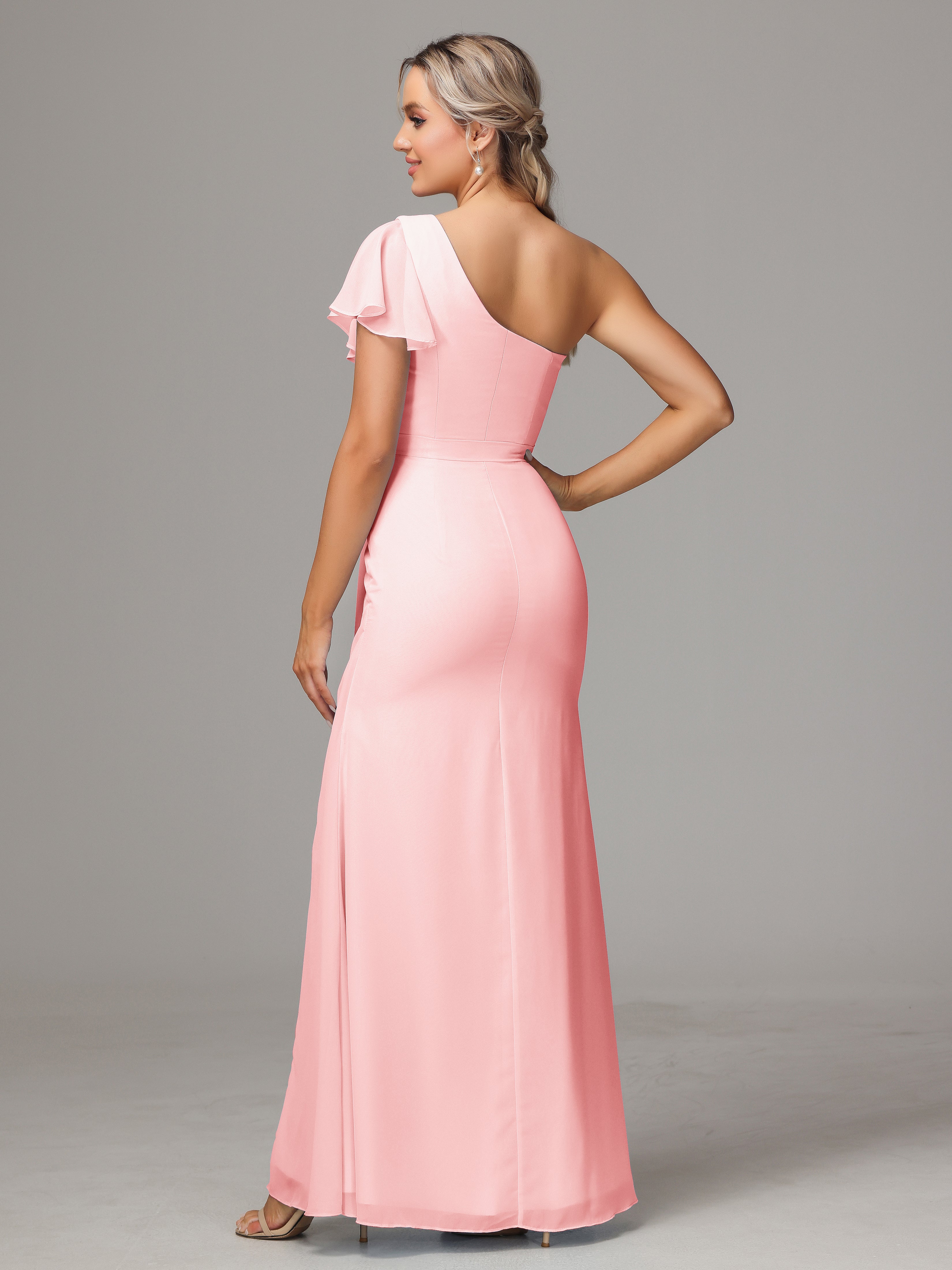 Robes De Demoiselle D'Honneur De Couleur Rose Fourreau Seule Épaule Fendue Devant Mousseline Robe Demoiselle D'Honneur
