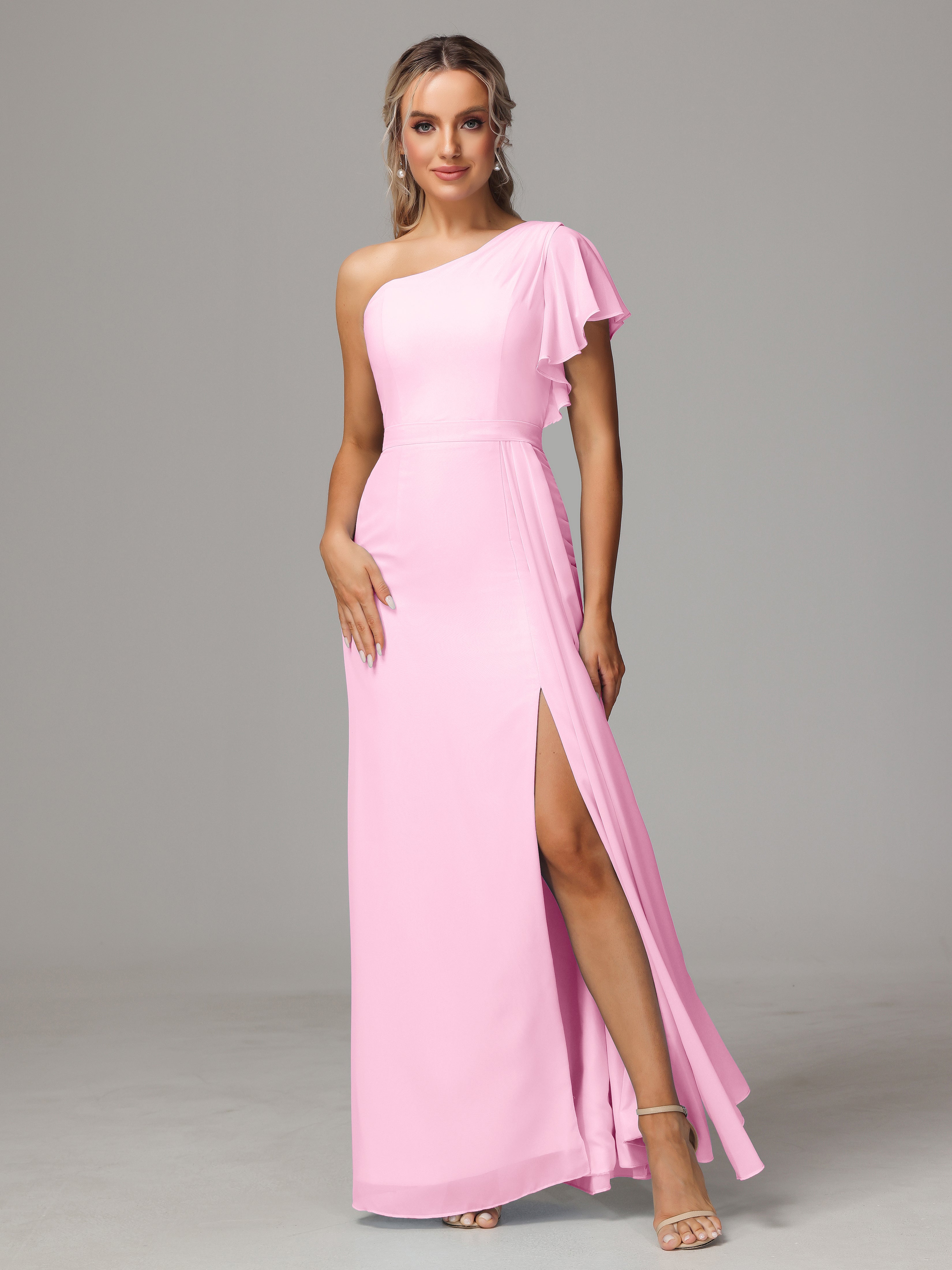 Robes De Demoiselle D'Honneur Rose Bonbon Fourreau Seule Épaule Fendue Mousseline Robe Demoiselle D'Honneur