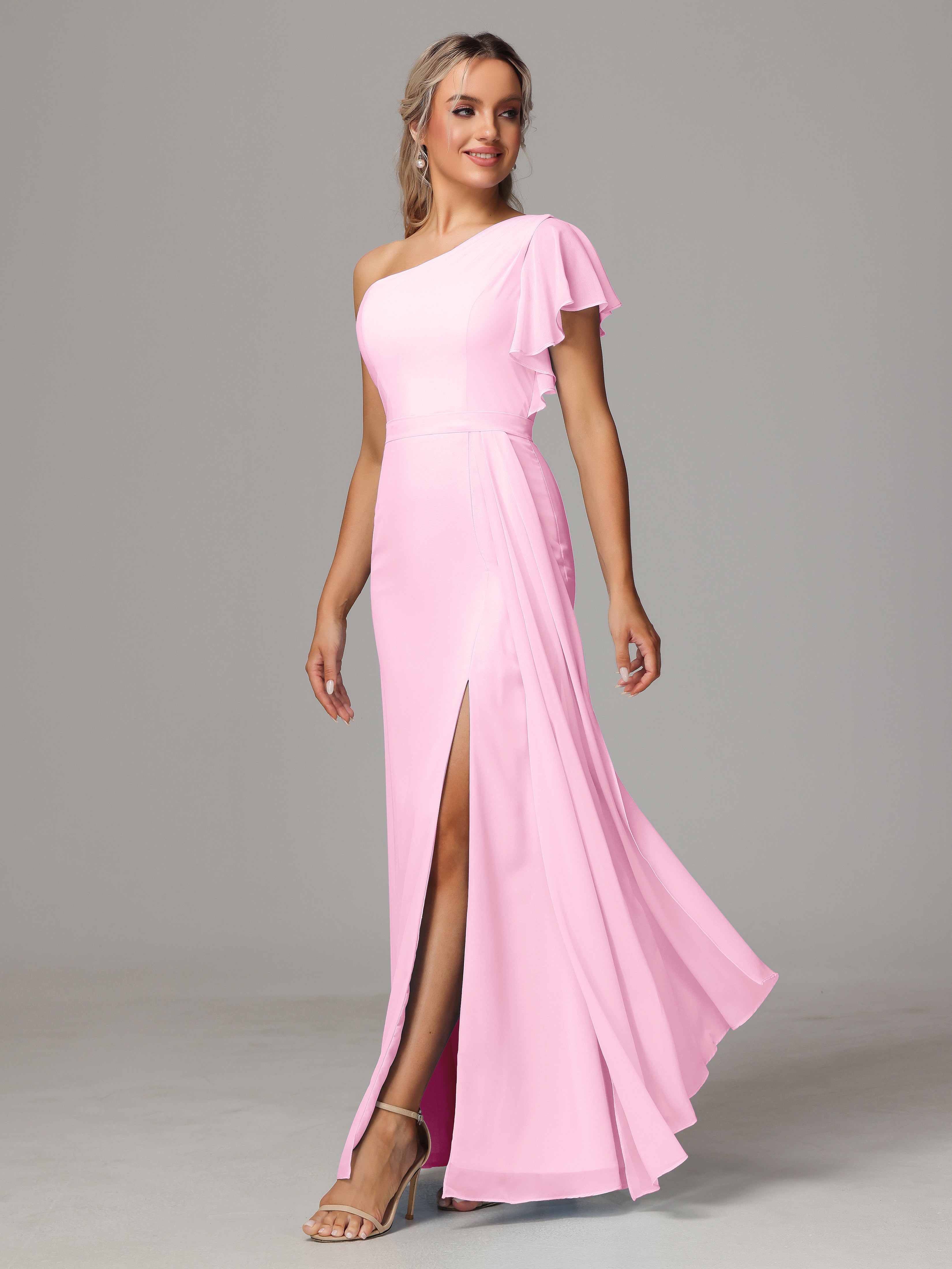 Robes De Demoiselle D'Honneur Rose Bonbon Fourreau Seule Épaule Fendue Mousseline Robe Demoiselle D'Honneur