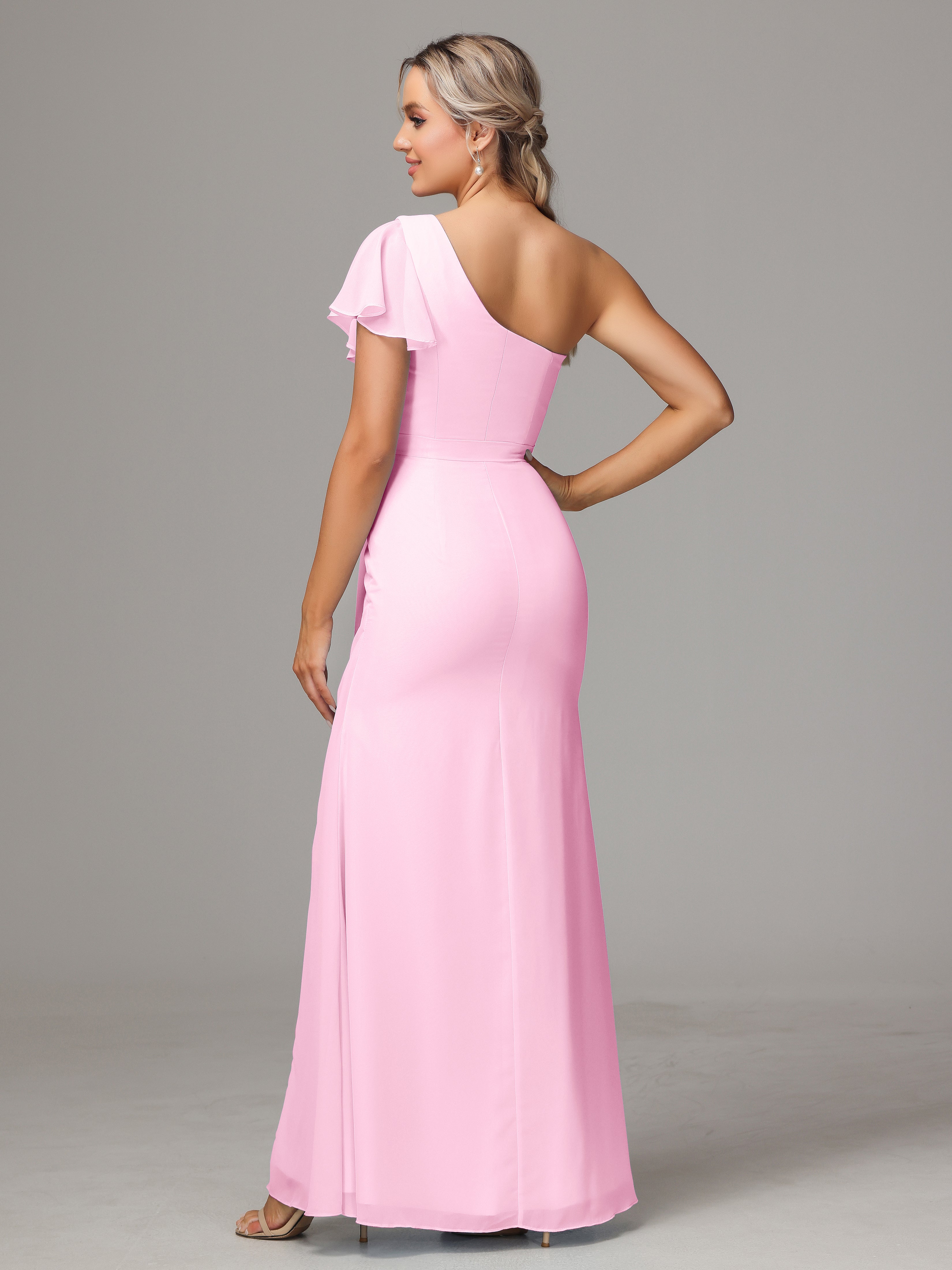 Robes De Demoiselle D'Honneur Rose Bonbon Fourreau Seule Épaule Fendue Mousseline Robe Demoiselle D'Honneur