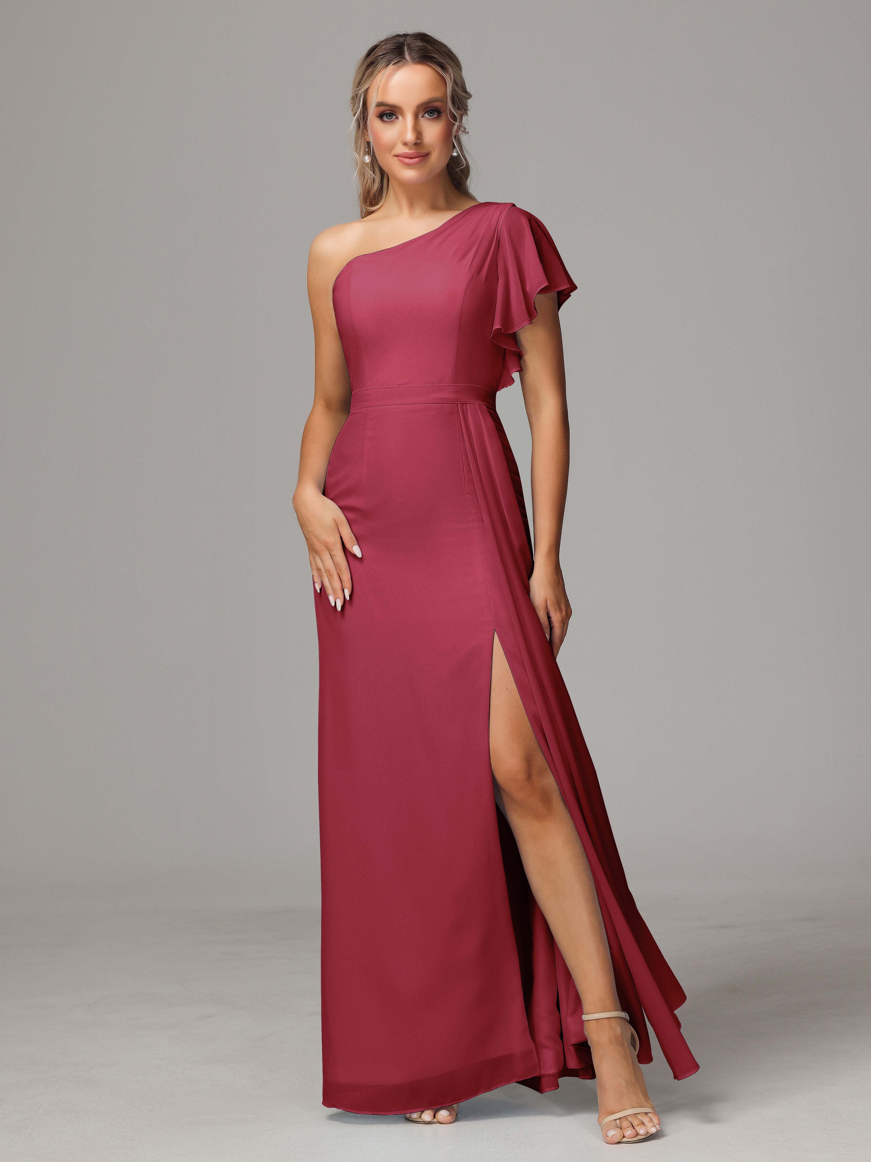Couleur Rose Cannelle Fourreau Seule Épaule Fendue Devant Mousseline Robe Demoiselle D'Honneur