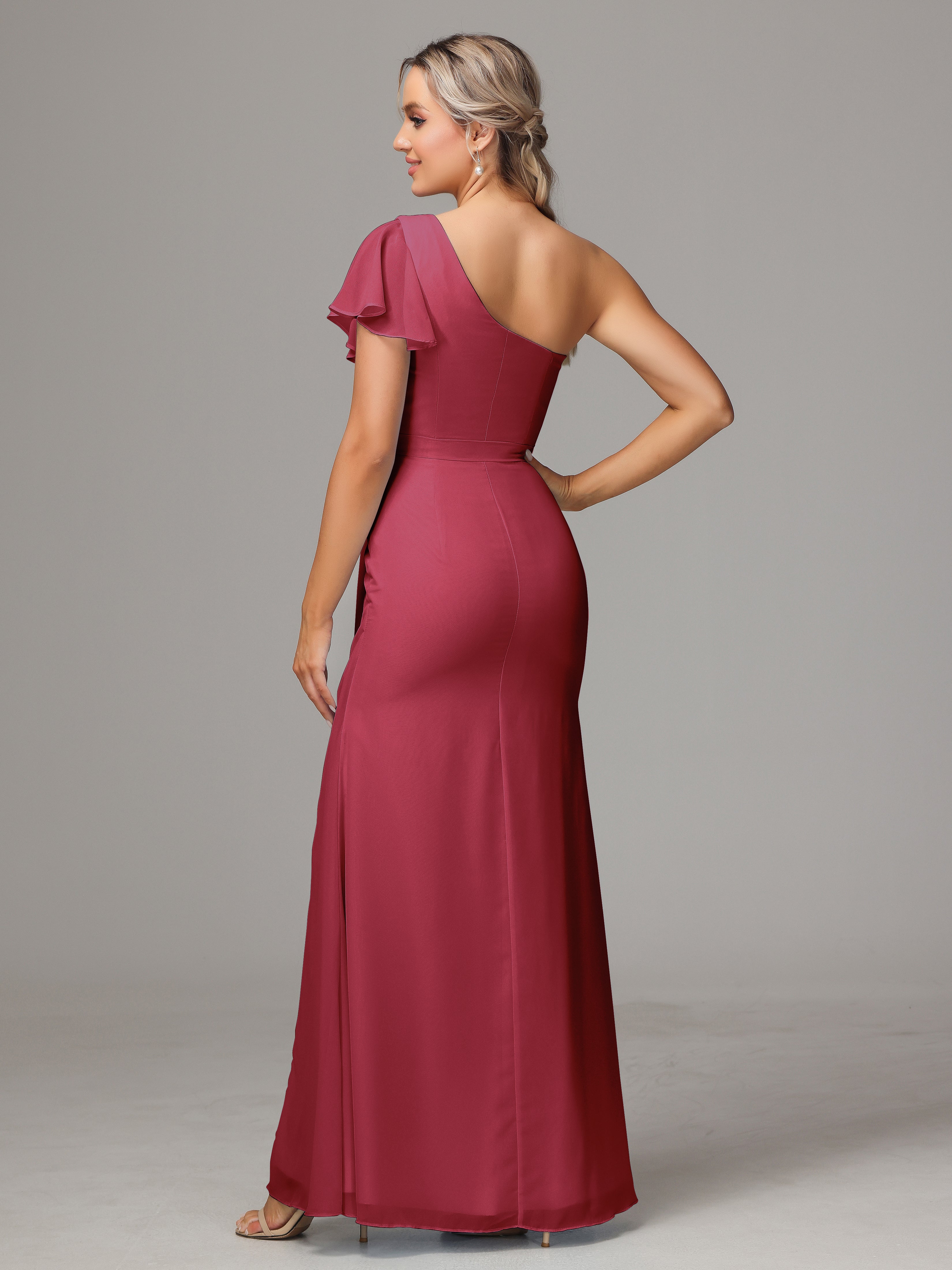 Couleur Rose Cannelle Fourreau Seule Épaule Fendue Devant Mousseline Robe Demoiselle D'Honneur