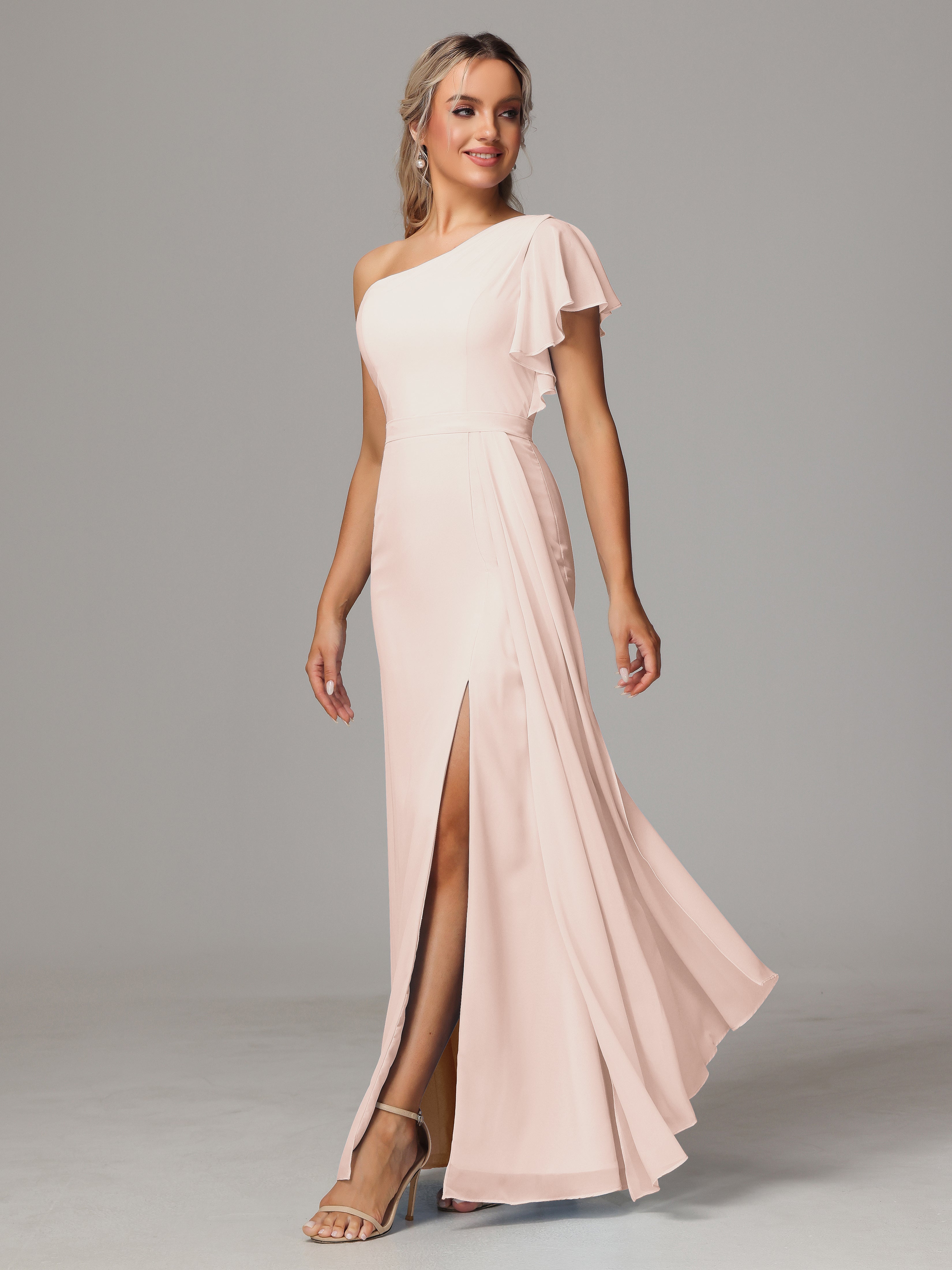 Robe De Demoiselle D'Honneur En Perles Fourreau Seule Épaule Fendue Mousseline Robe Demoiselle D'Honneur