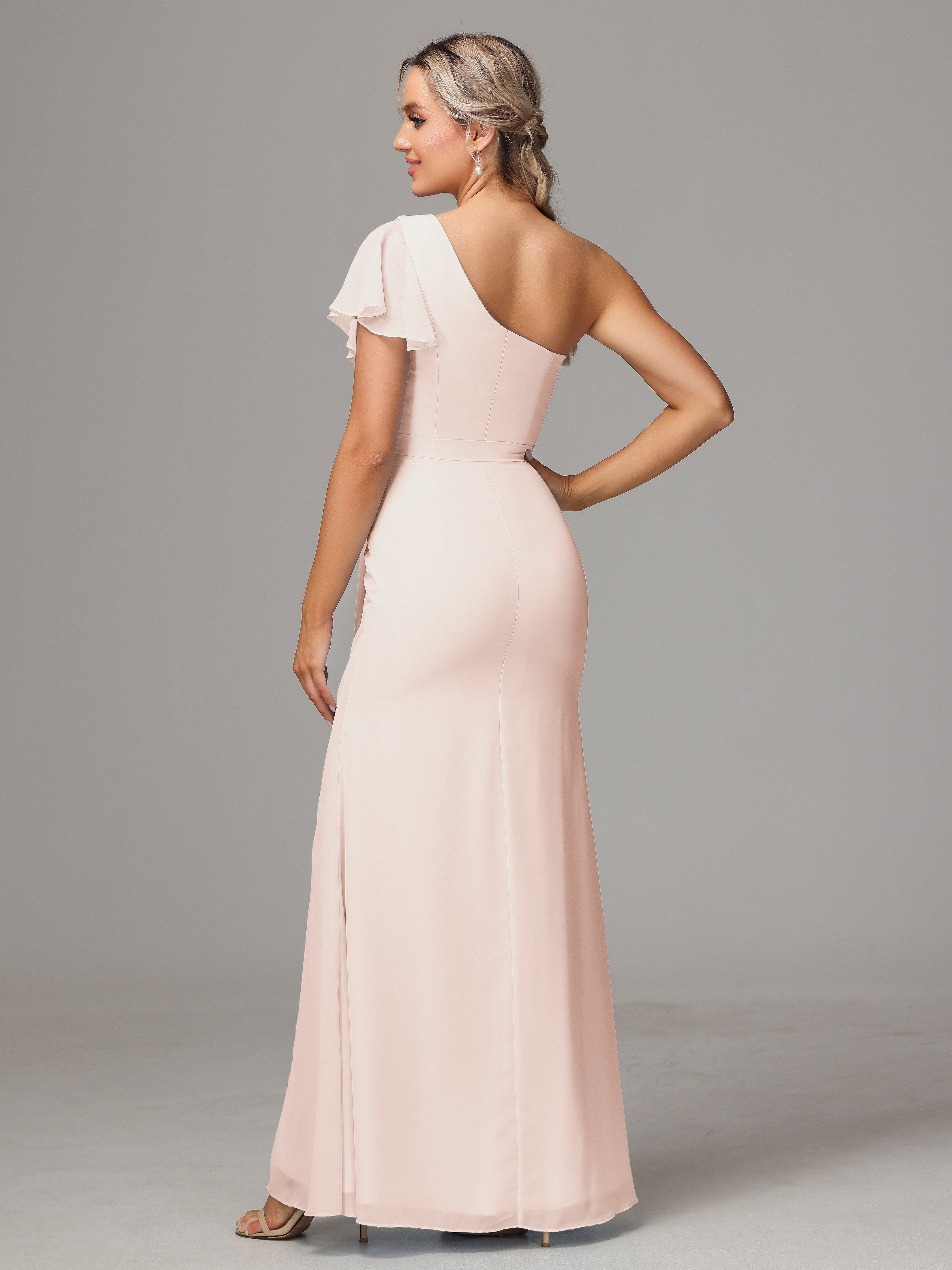 Robe De Demoiselle D'Honneur En Perles Fourreau Seule Épaule Fendue Mousseline Robe Demoiselle D'Honneur