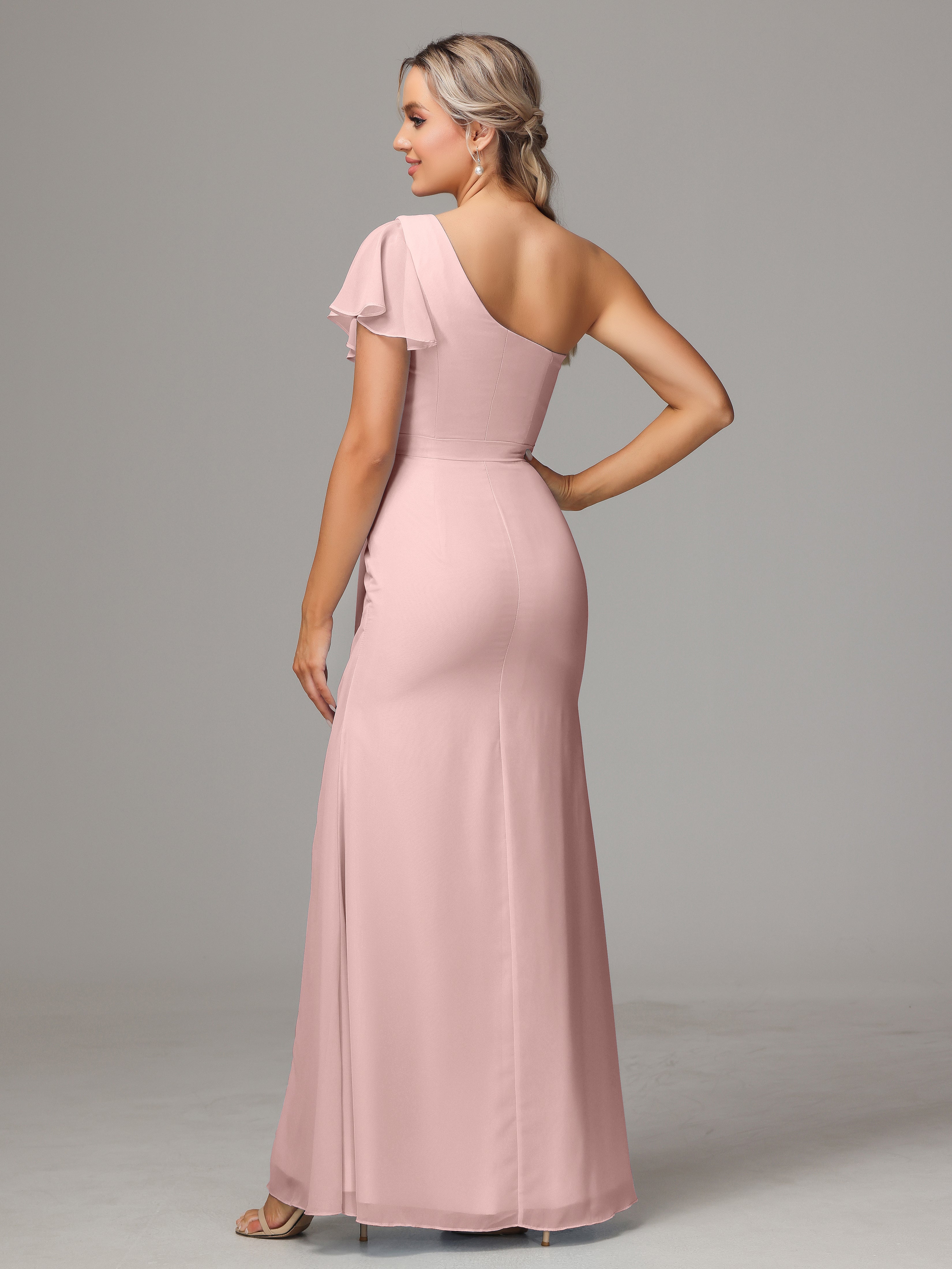 Robe Demoiselle D Honneur Rose Poudre Fourreau Seule Épaule Fendue Mousseline Robe Demoiselle D'Honneur