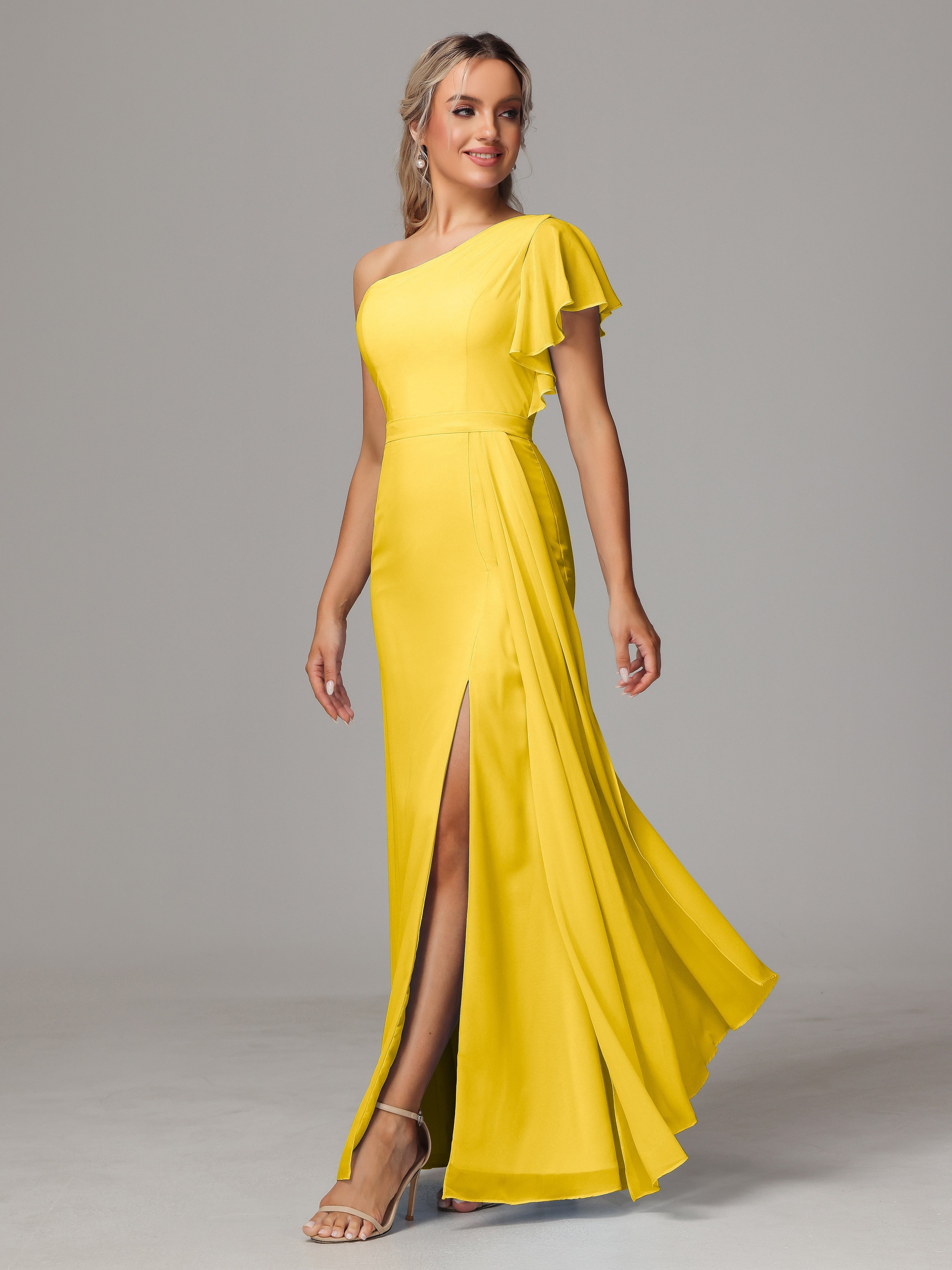 Robe De Demoiselle D'Honneur Souci Fourreau Seule Épaule Fendue Mousseline Robe Demoiselle D'Honneur