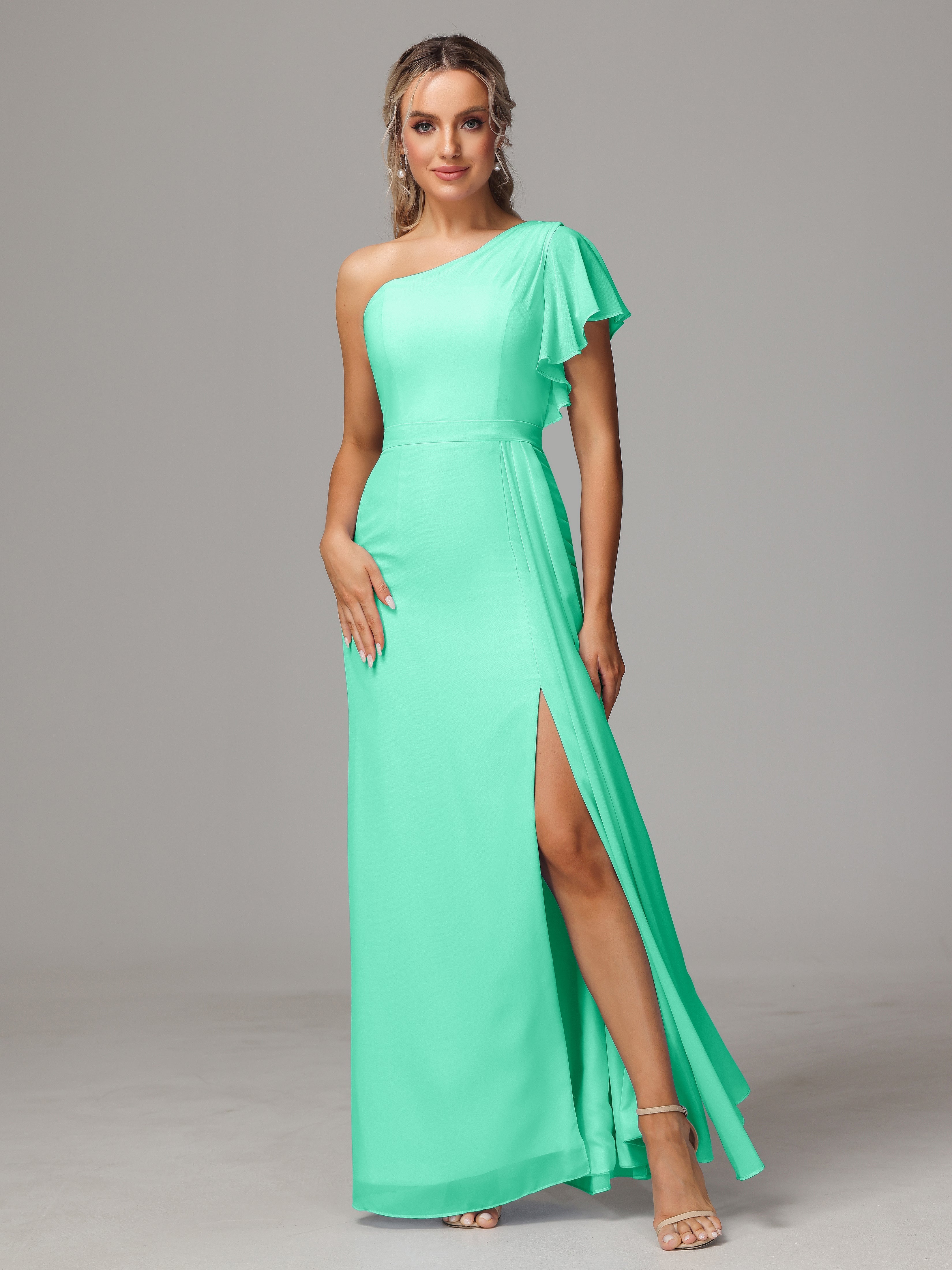 Robe De Demoiselle D Honneur Turquoise Fourreau Seule Épaule Fendue Mousseline Robe Demoiselle D'Honneur