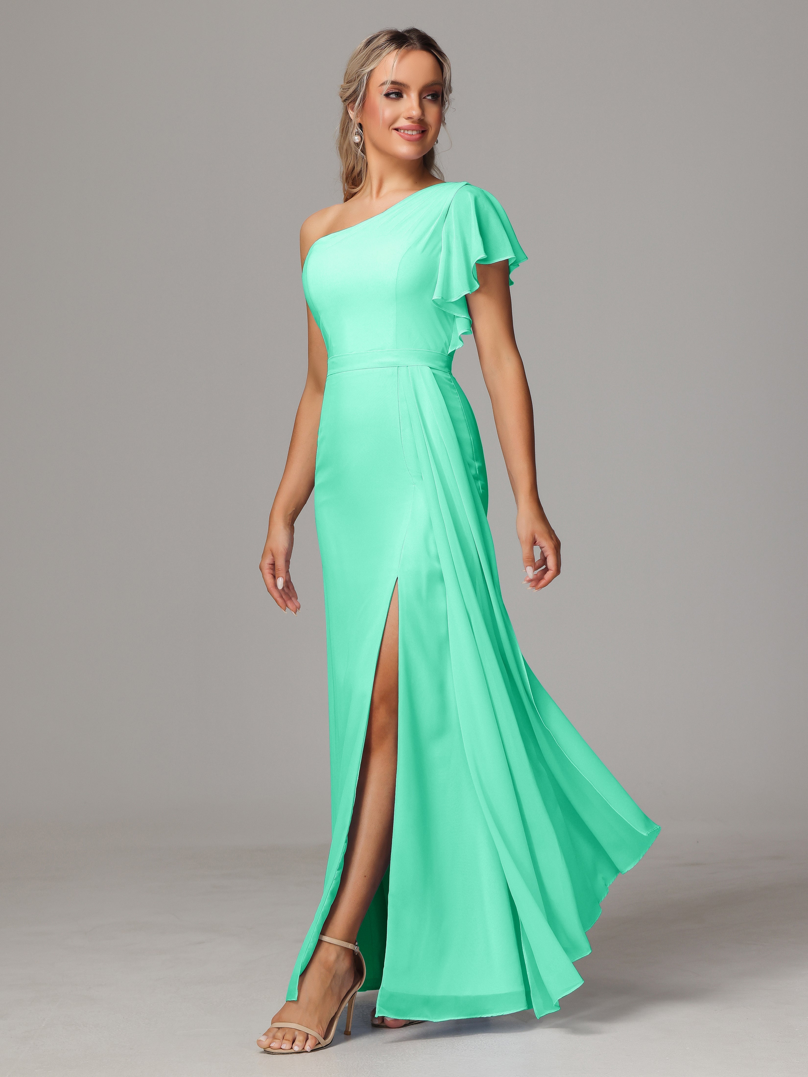 Robe De Demoiselle D Honneur Turquoise Fourreau Seule Épaule Fendue Mousseline Robe Demoiselle D'Honneur