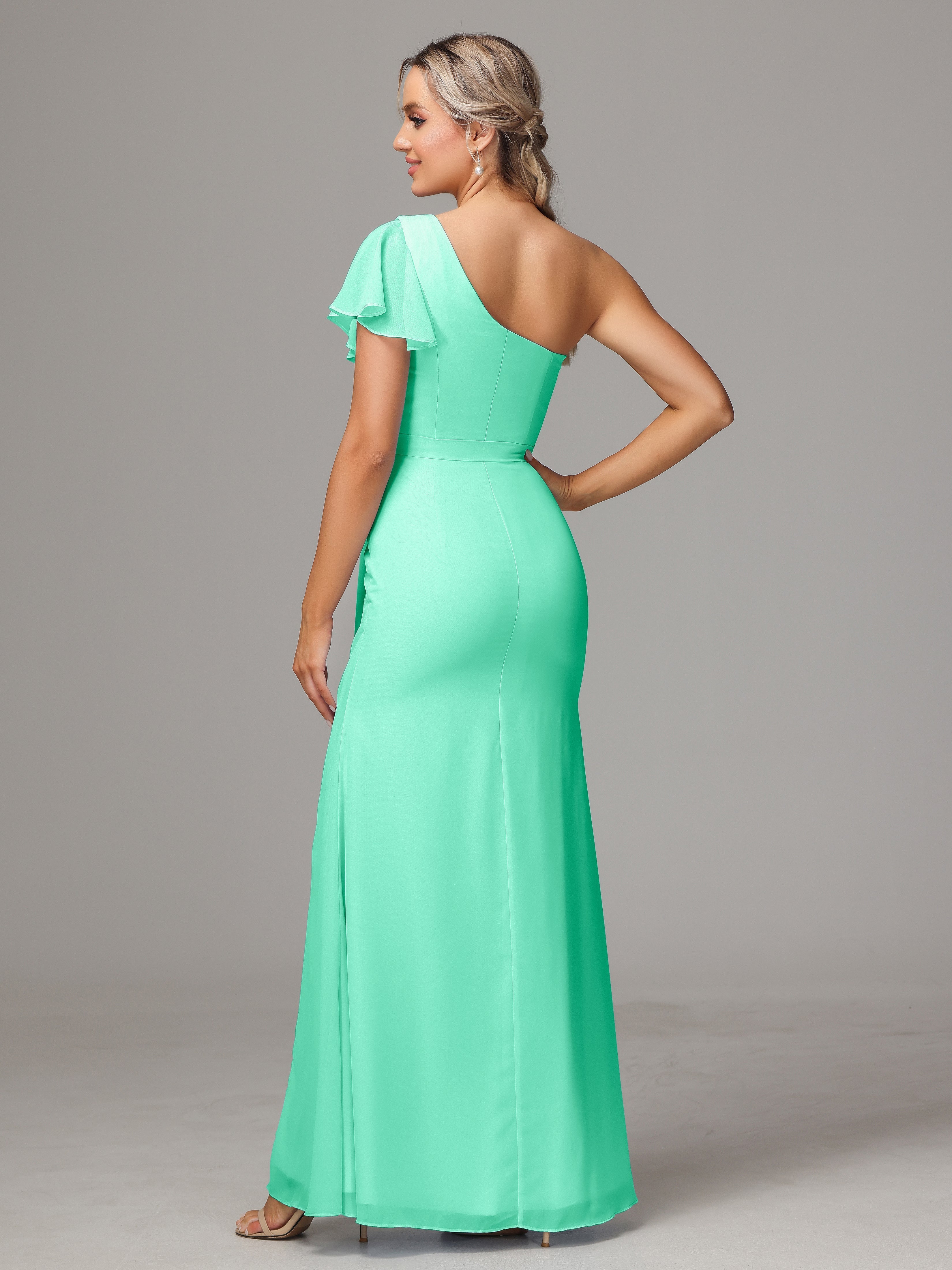 Robe De Demoiselle D Honneur Turquoise Fourreau Seule Épaule Fendue Mousseline Robe Demoiselle D'Honneur