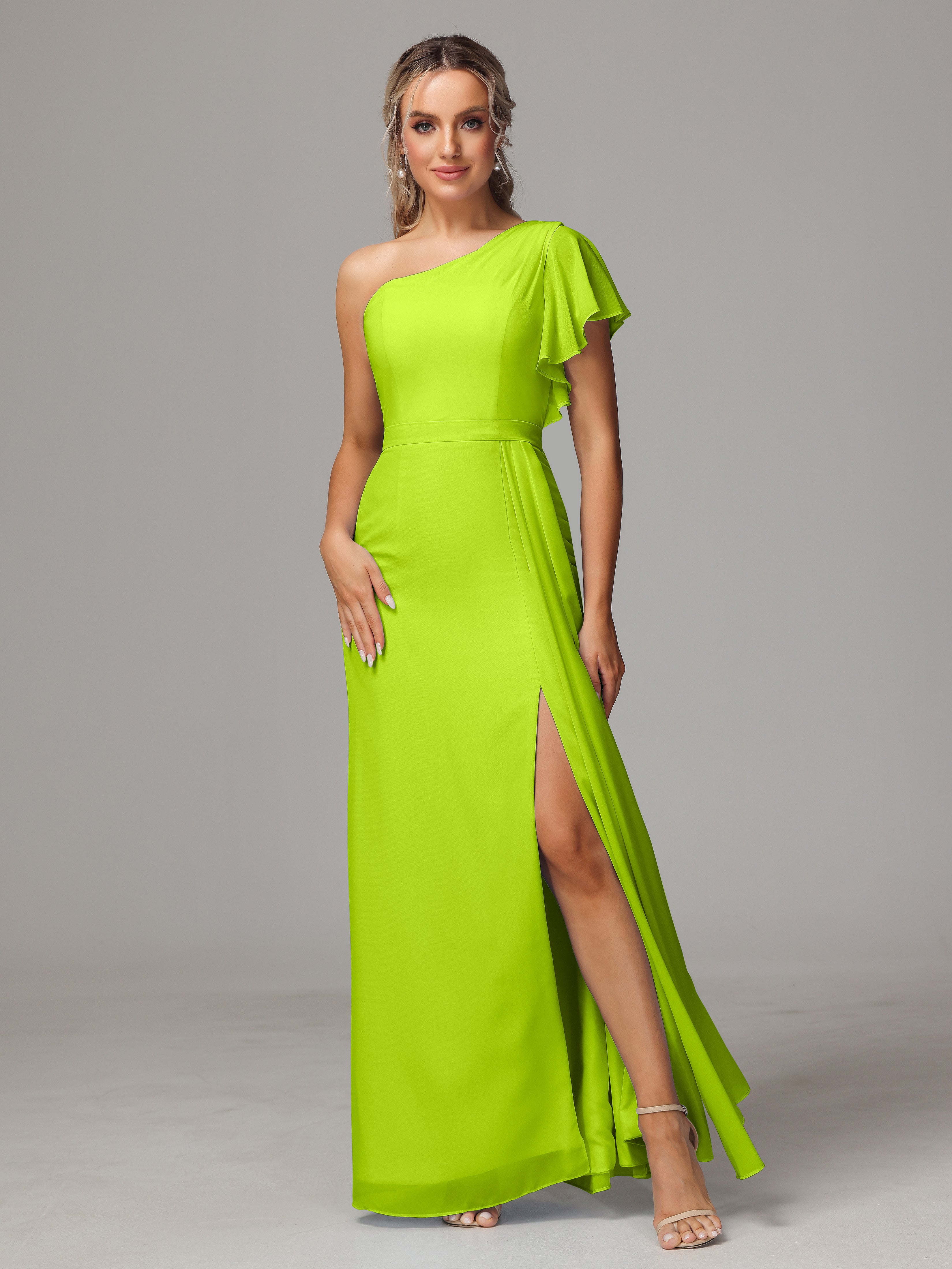 Robes De Demoiselle D'Honneur Vert Citron Fourreau Seule Épaule Fendue Mousseline Robe Demoiselle D'Honneur