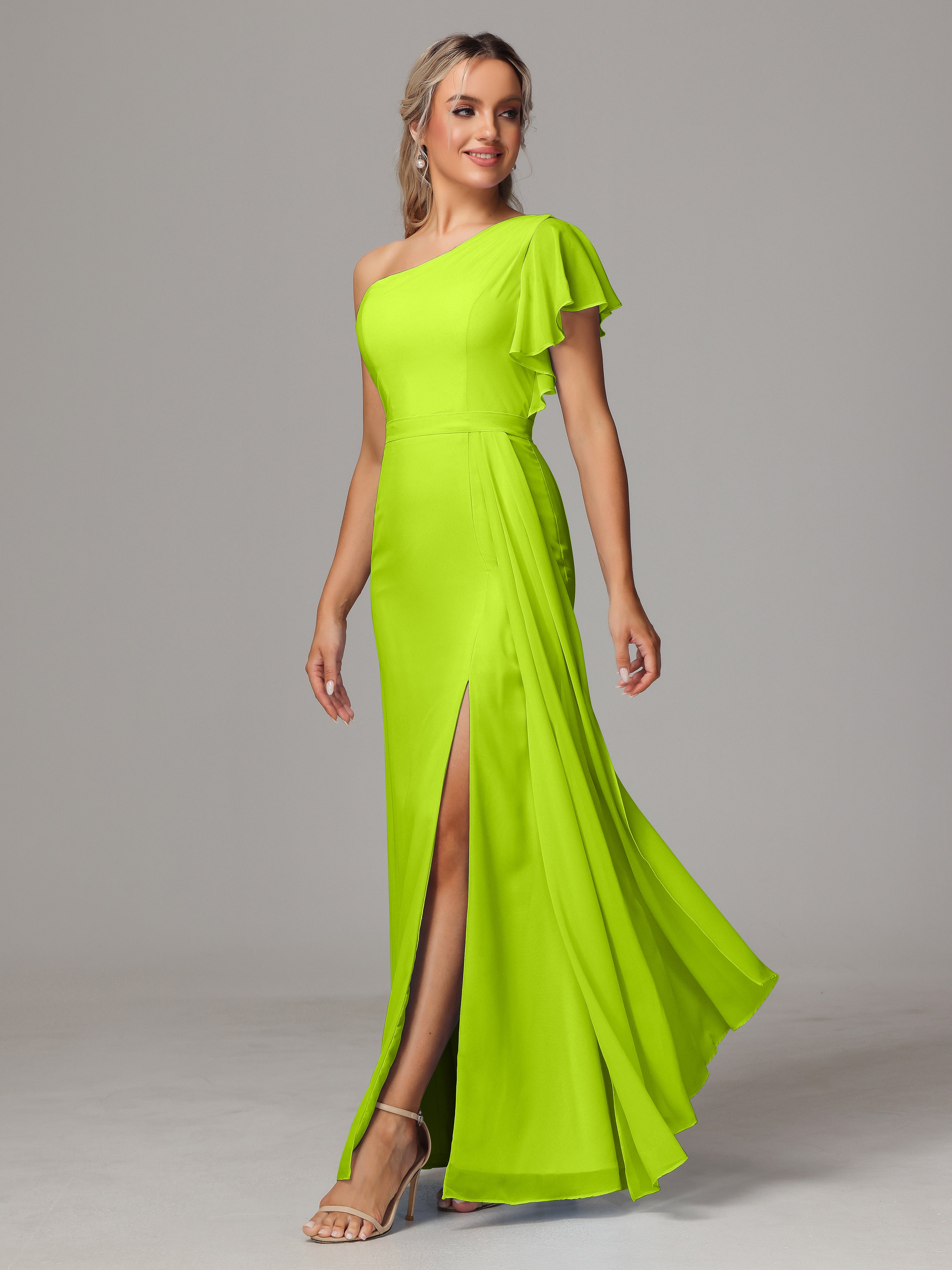 Robes De Demoiselle D'Honneur Vert Citron Fourreau Seule Épaule Fendue Mousseline Robe Demoiselle D'Honneur