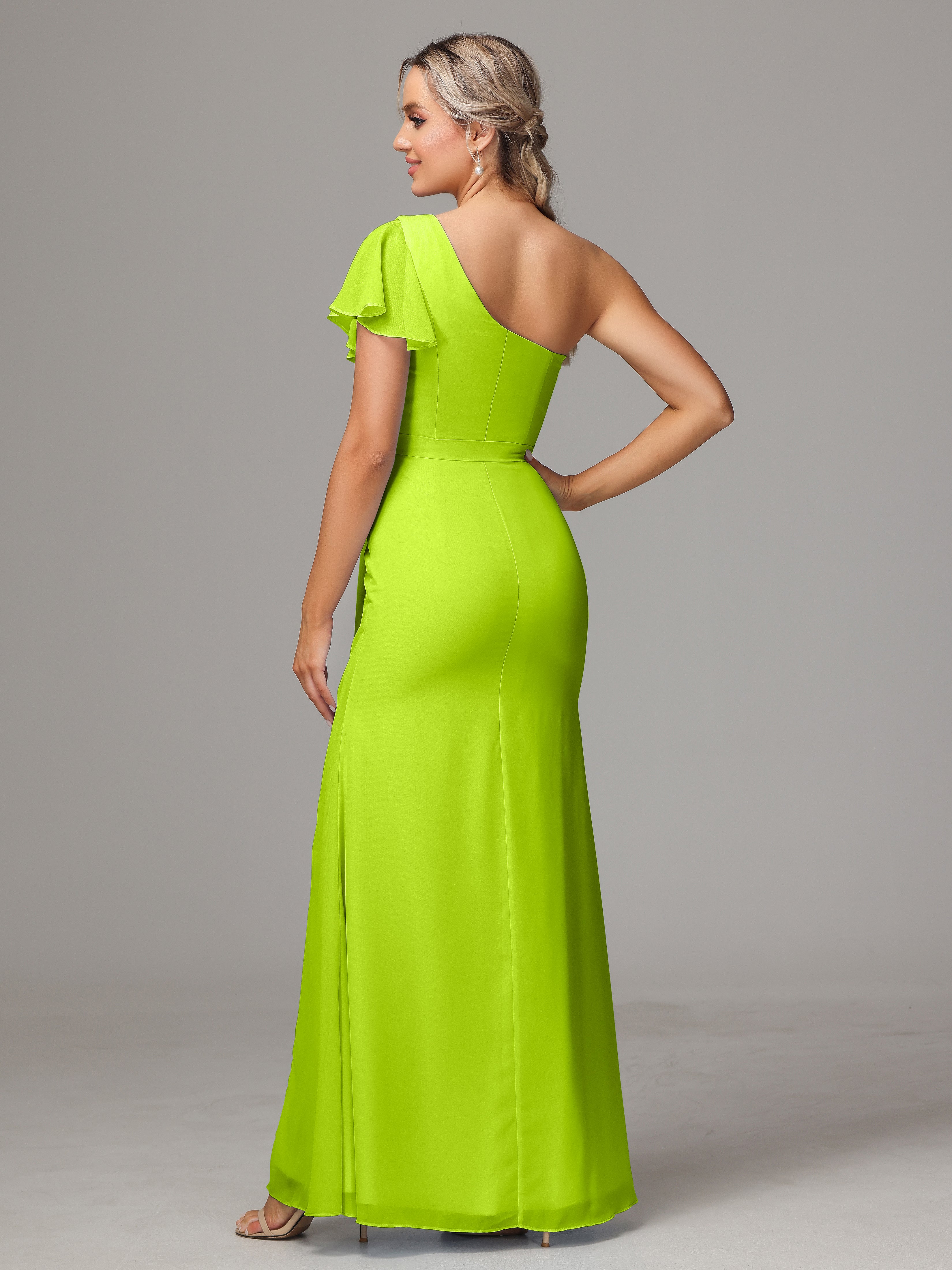 Robes De Demoiselle D'Honneur Vert Citron Fourreau Seule Épaule Fendue Mousseline Robe Demoiselle D'Honneur