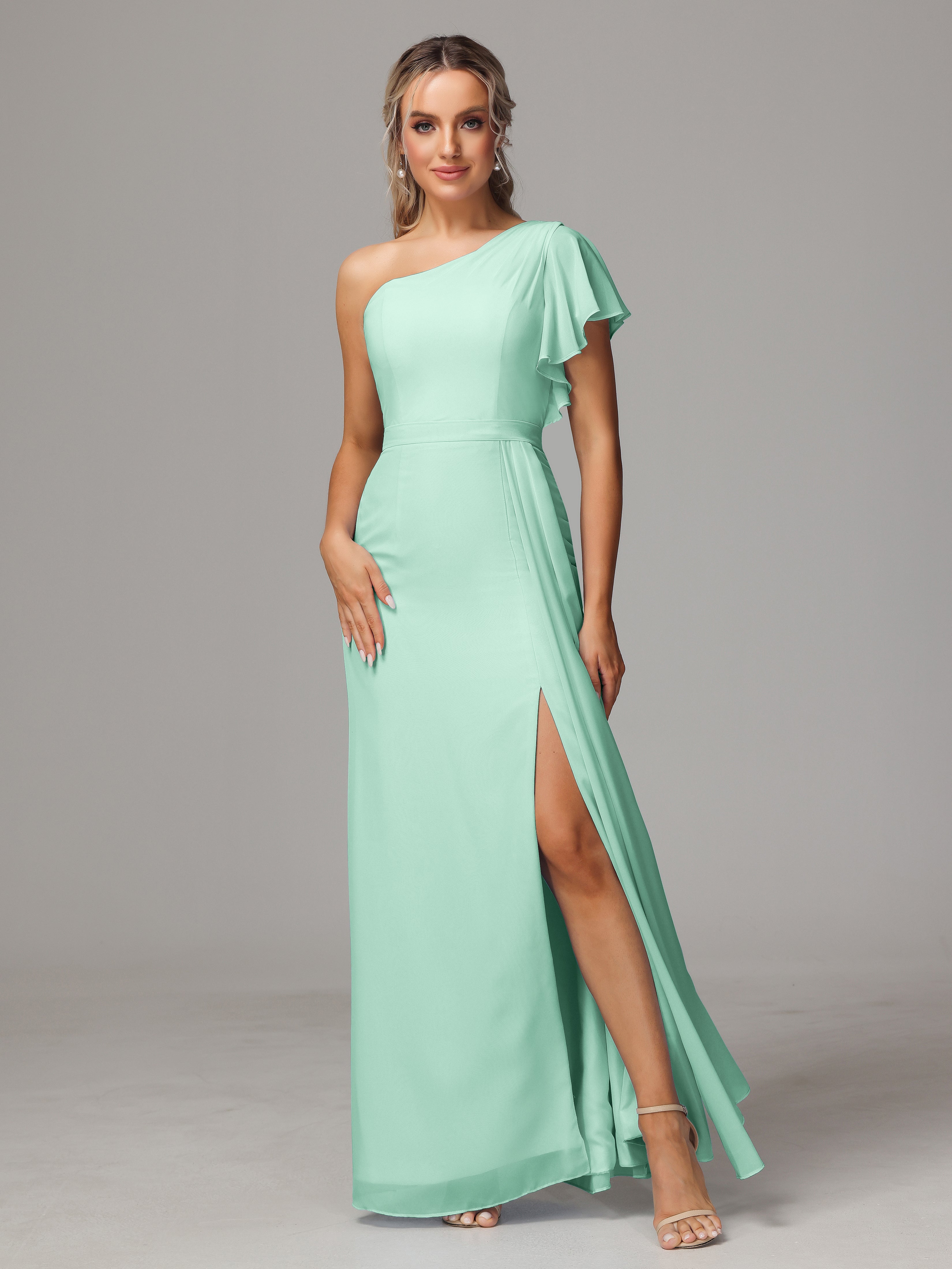 Robes De Demoiselle D'Honneur Vert Menthe Fourreau Seule Épaule Fendue Mousseline Robe Demoiselle D'Honneur