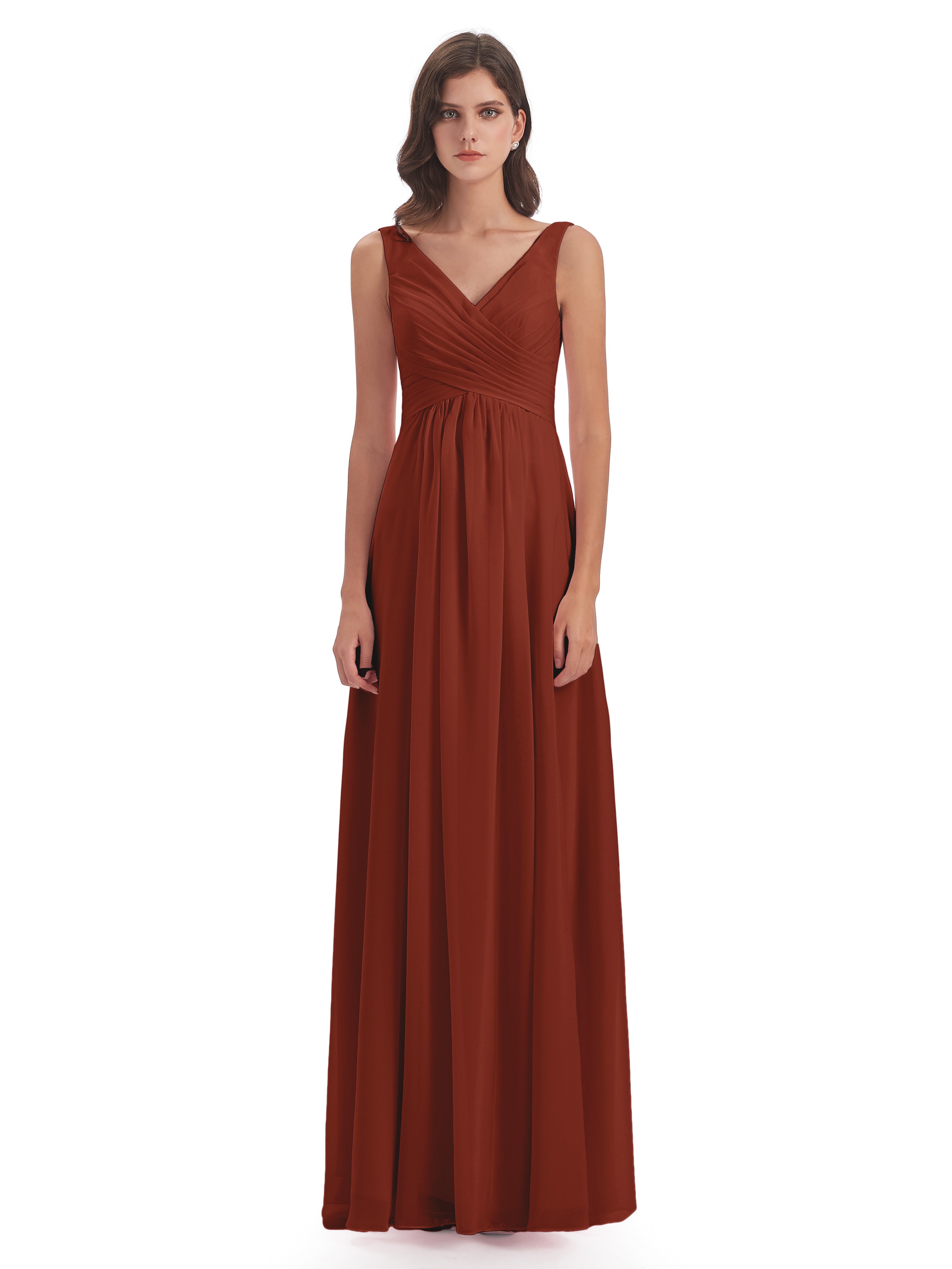 Nour Col V Fendue Mousseline Robes Demoiselle d'Honneur en ROUILLE