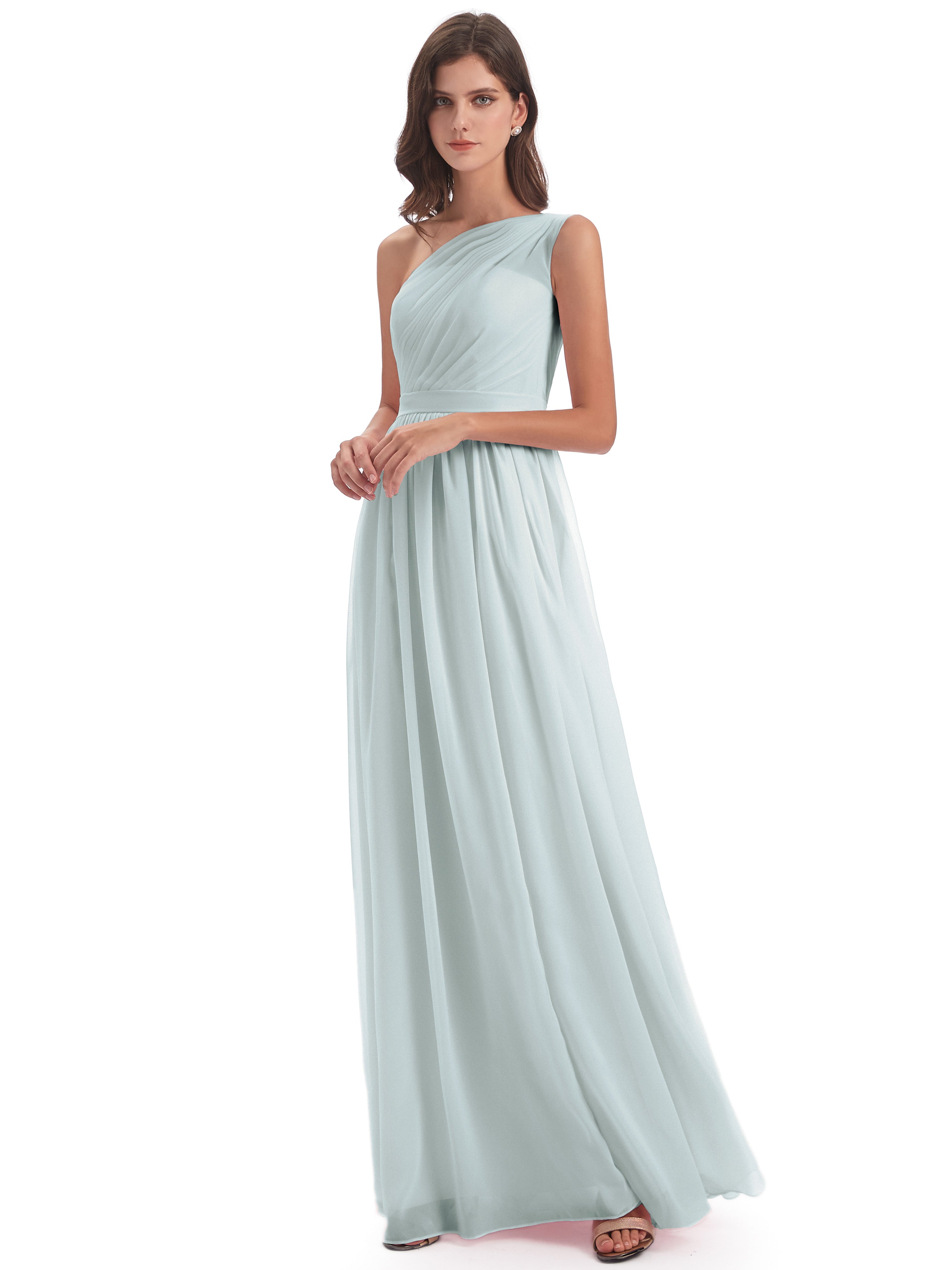 Robe Demoiselle D Honneur Vert Celadon A-ligne Seule-Épaule Mousseline Robes Demoiselle D'Honneur