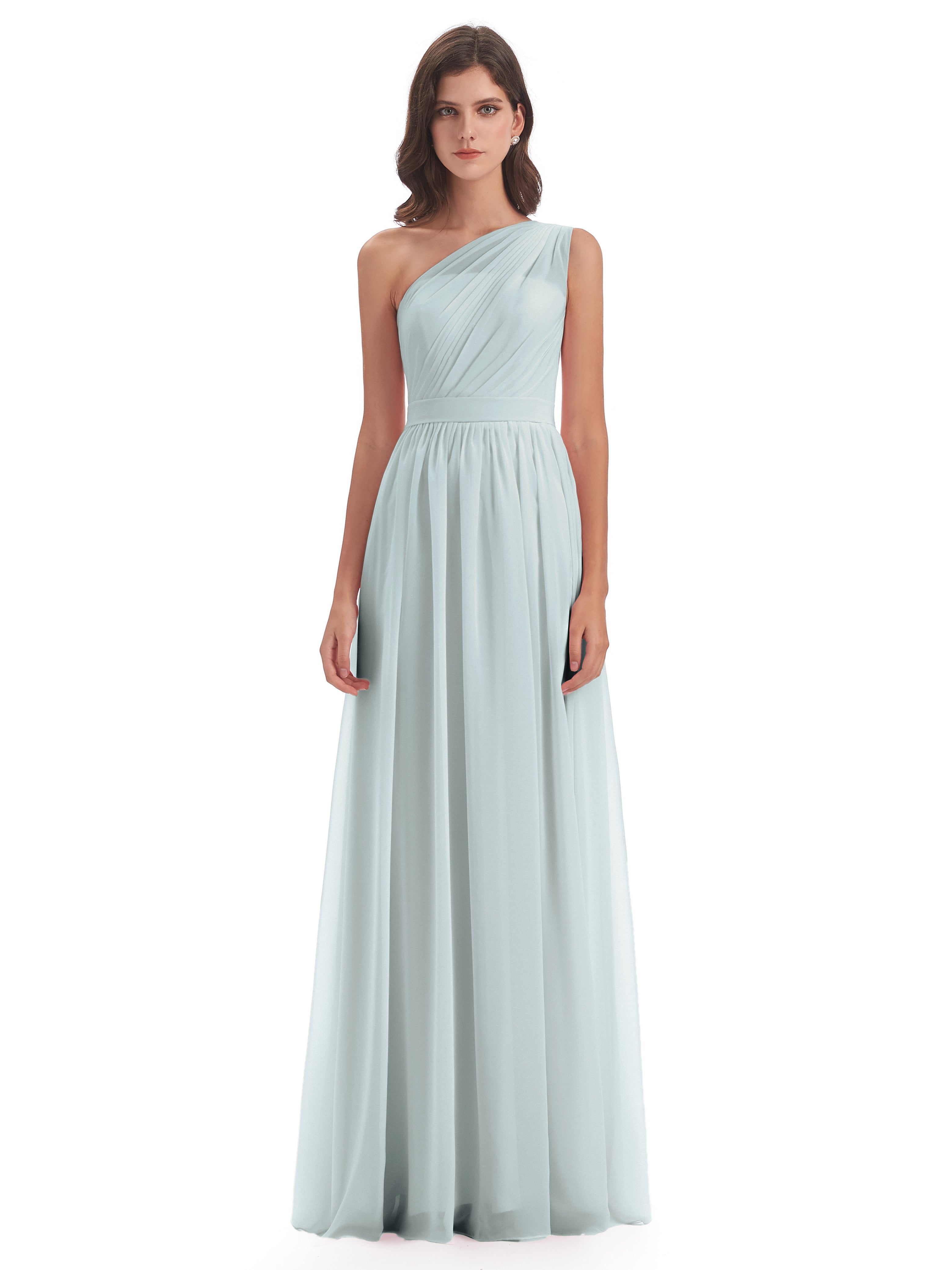 Robe Demoiselle D Honneur Vert Celadon A-ligne Seule-Épaule Mousseline Robes Demoiselle D'Honneur