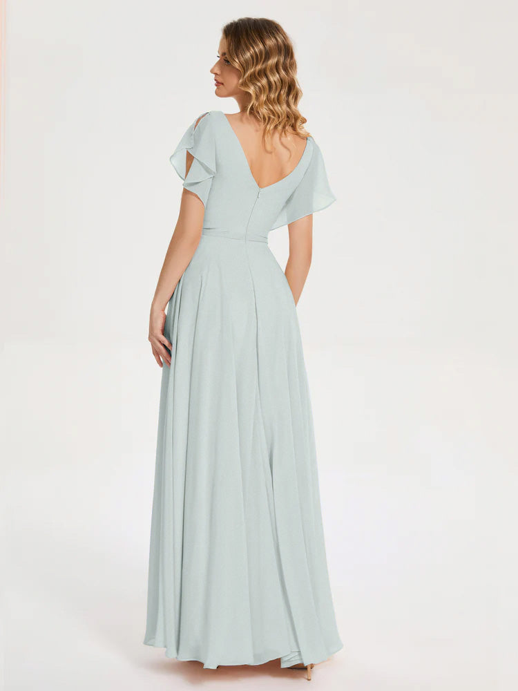 Robe Demoiselle D Honneur Celadon Col V Fendue Mousseline Robes Demoiselle D'Honneur À Volants