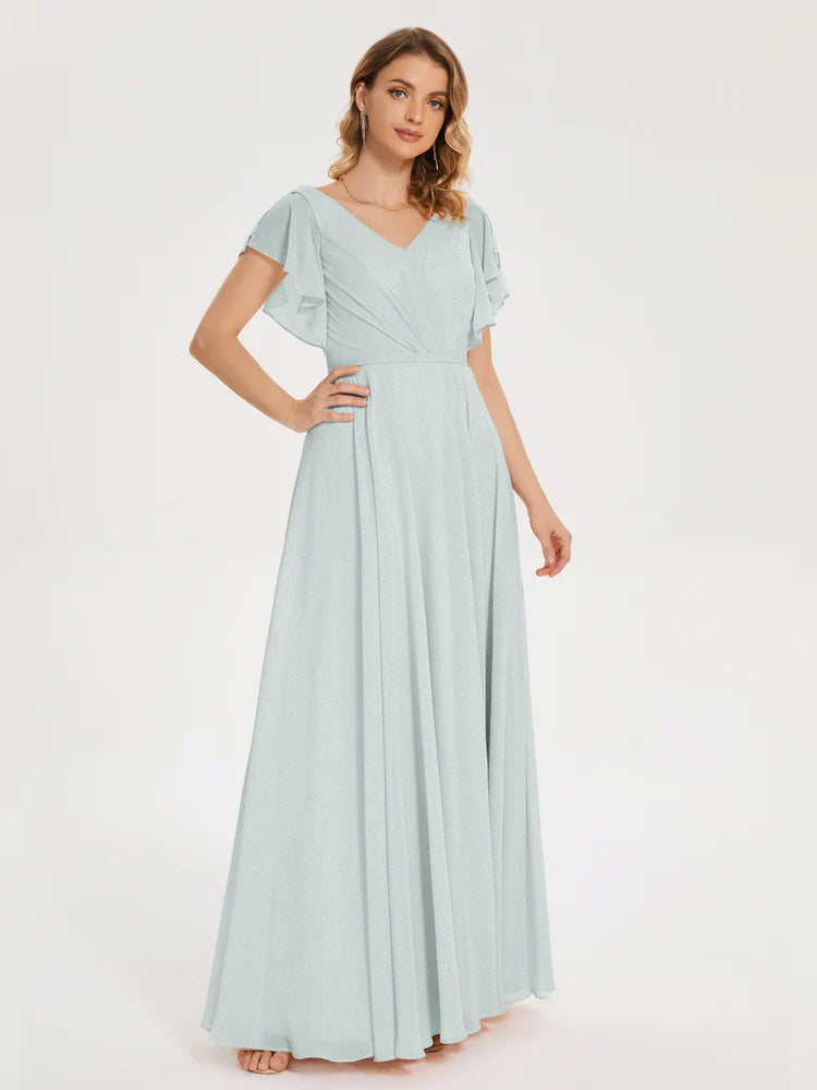 Robe Demoiselle D Honneur Celadon Col V Fendue Mousseline Robes Demoiselle D'Honneur À Volants