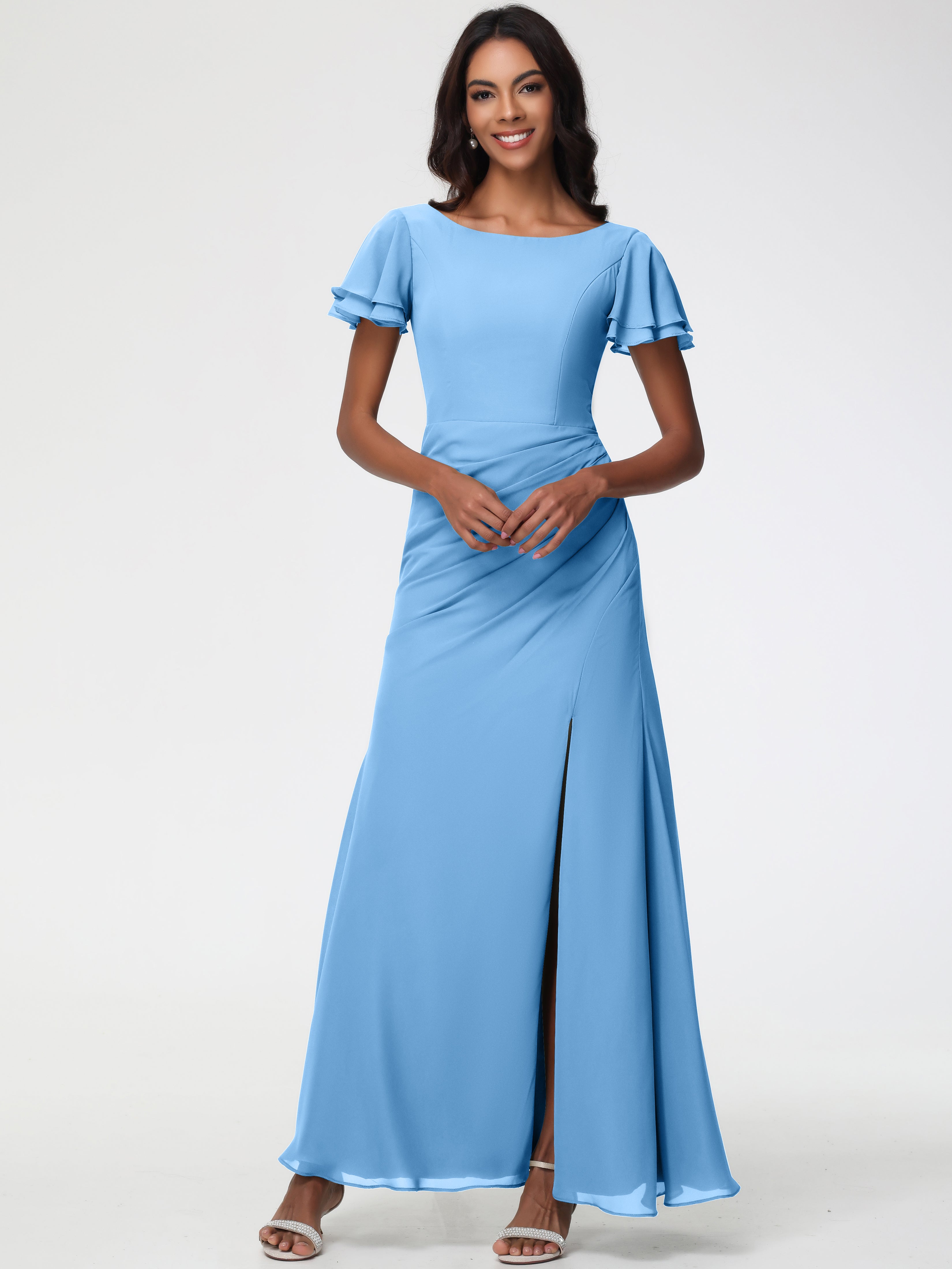 Robe Bleu Demoiselle D Honneur Col Rond Fendue Fourreau/Colonne Mousseline Robe Demoiselle d'Honneur