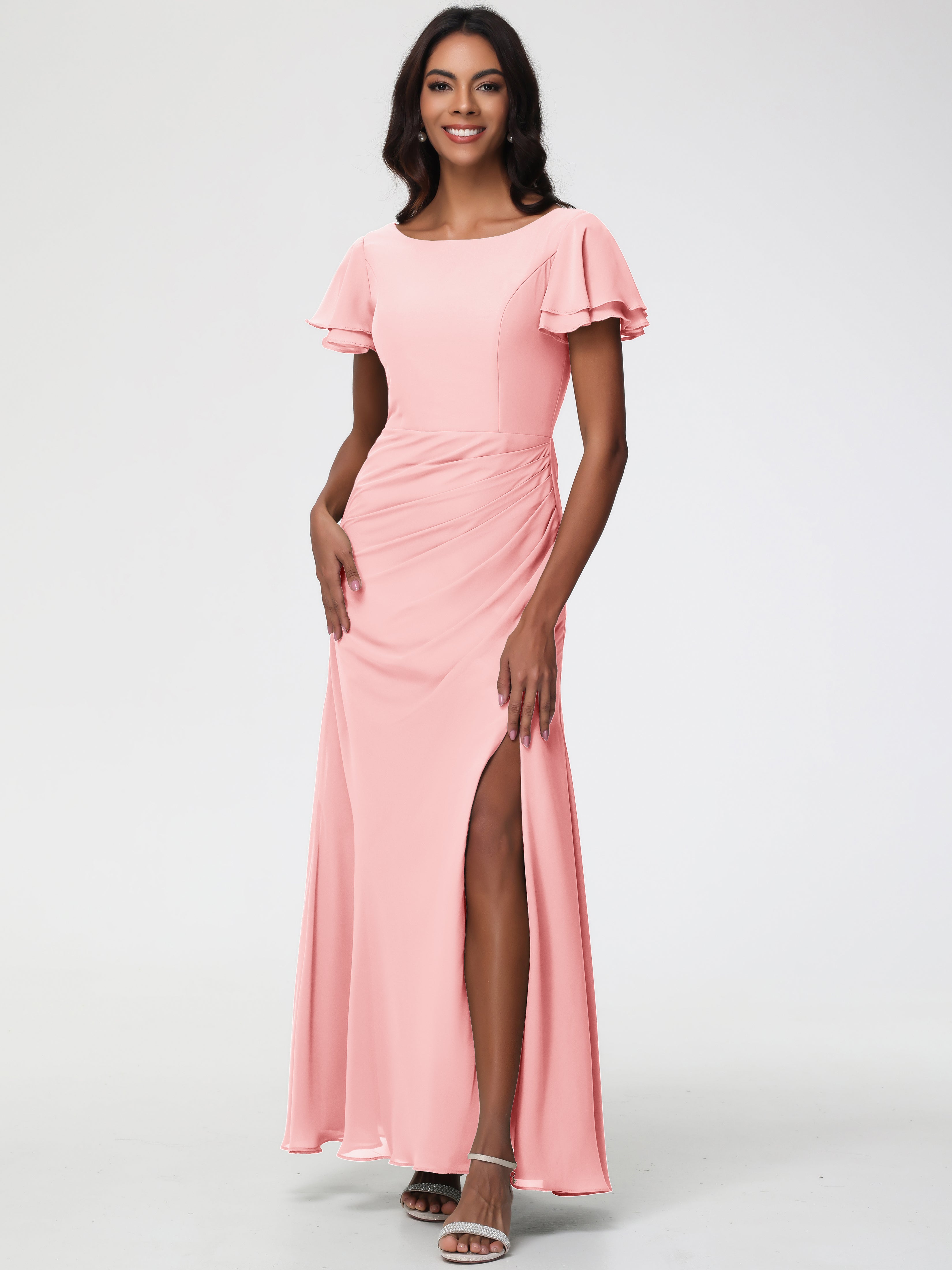 Robe Rose Demoiselle D Honneur Col Rond Manches à Volants Fourreau/Colonne Mousseline Robe Demoiselle d'Honneur