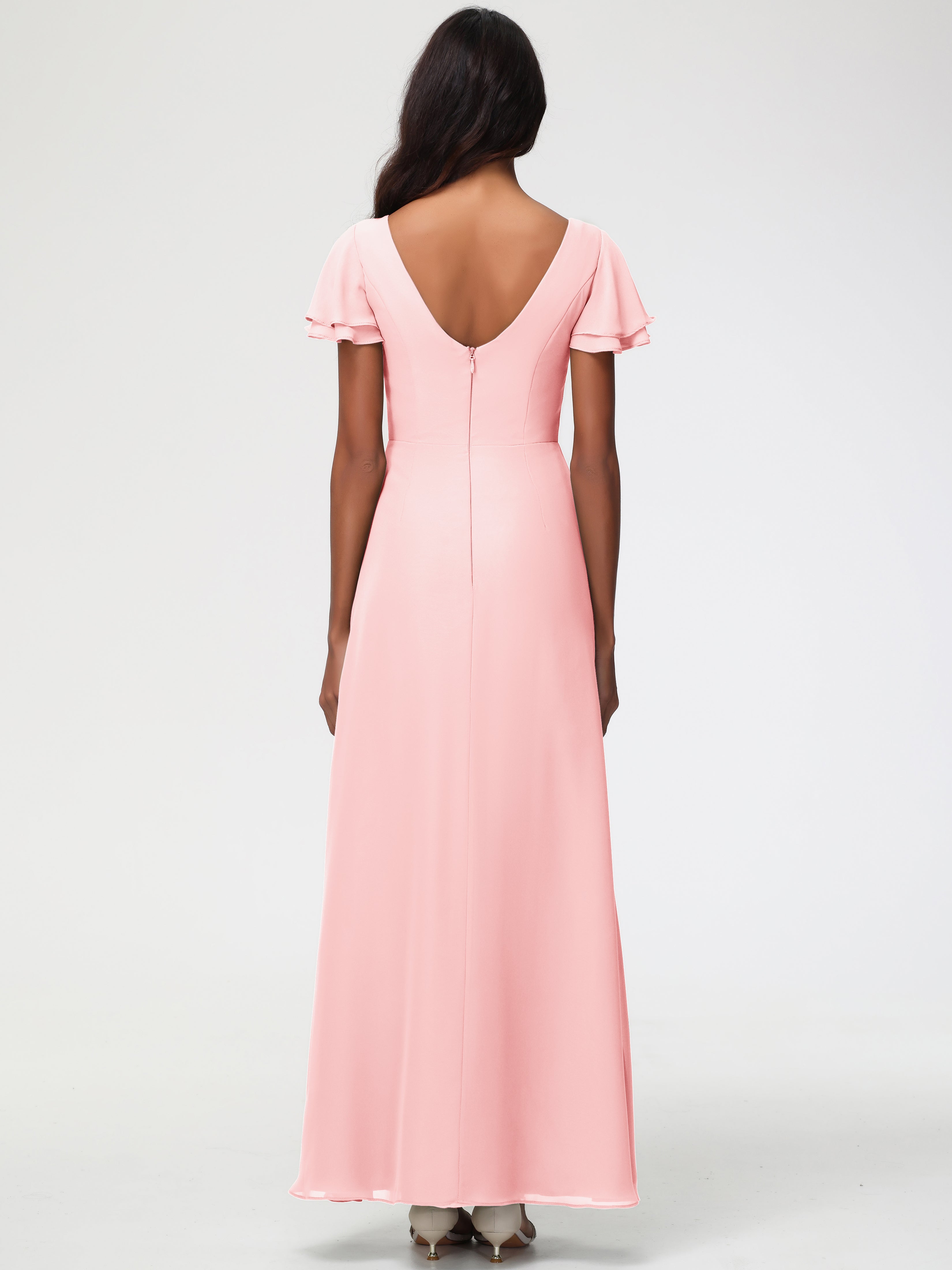 Robe Rose Demoiselle D Honneur Col Rond Manches à Volants Fourreau/Colonne Mousseline Robe Demoiselle d'Honneur