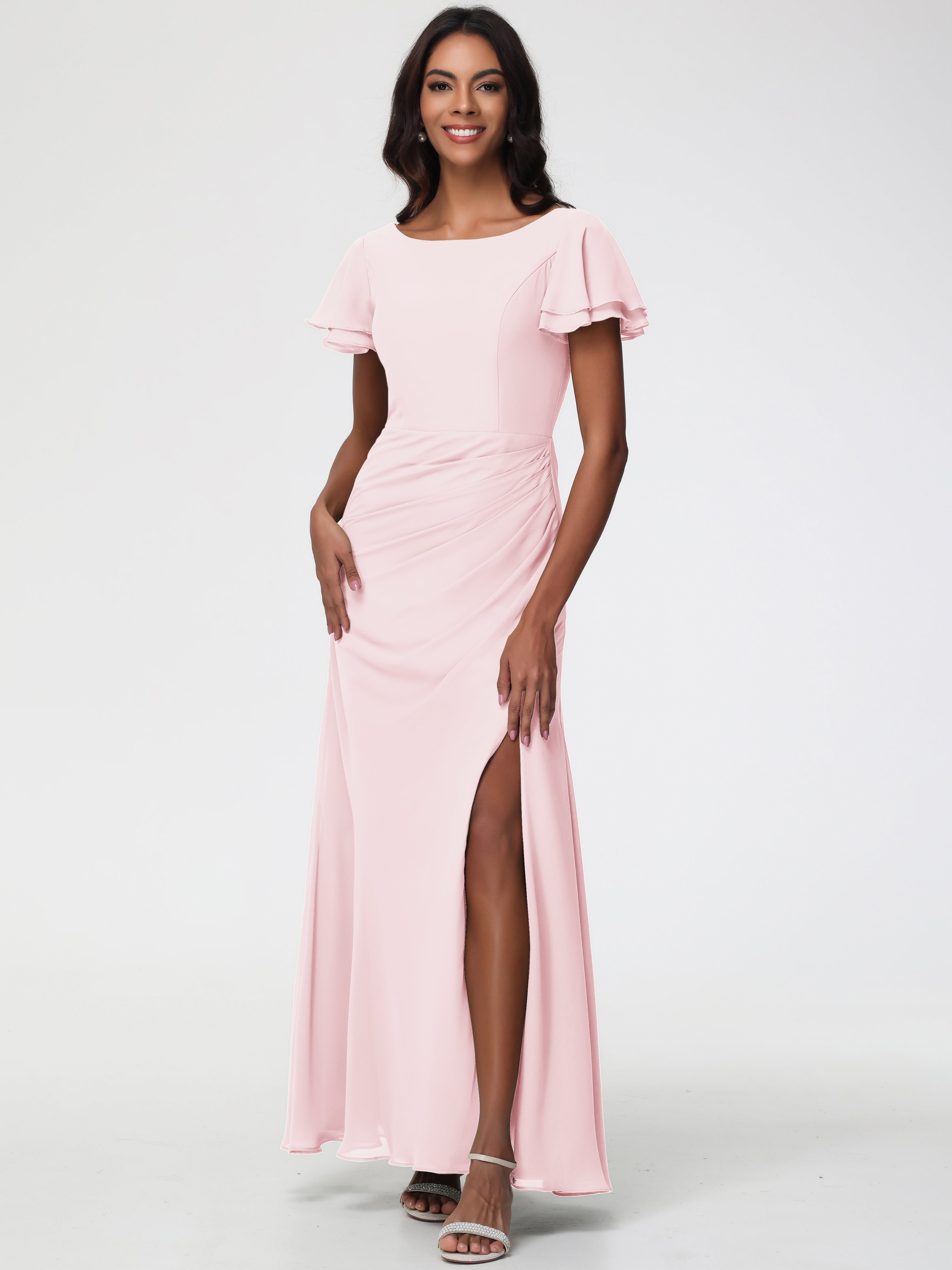 Robe Rose Pale Demoiselle D Honneur Col Rond Manches à Volants Fourreau/Colonne Mousseline Robe Demoiselle d'Honneur