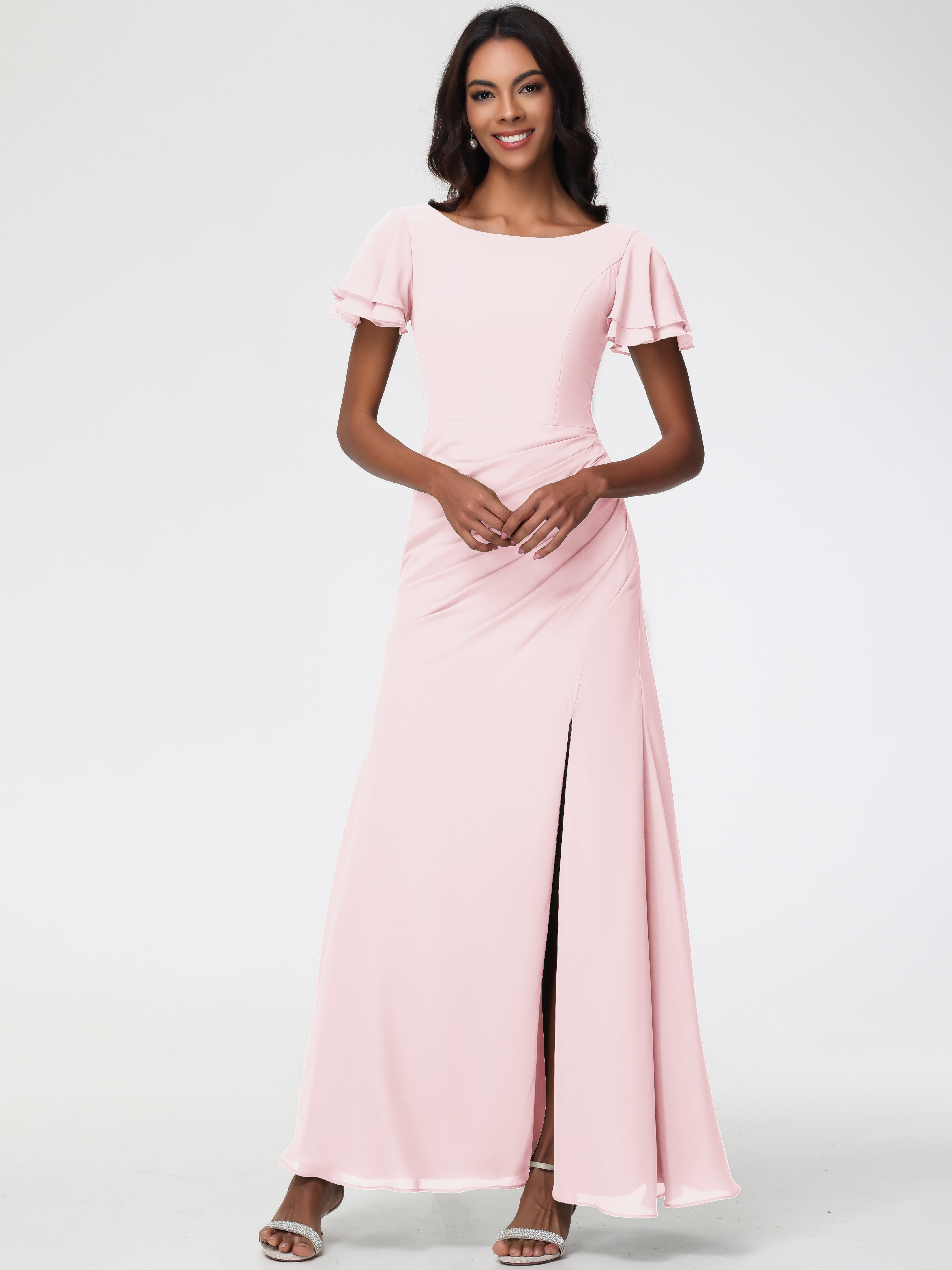 Robe Rose Pale Demoiselle D Honneur Col Rond Manches à Volants Fourreau/Colonne Mousseline Robe Demoiselle d'Honneur