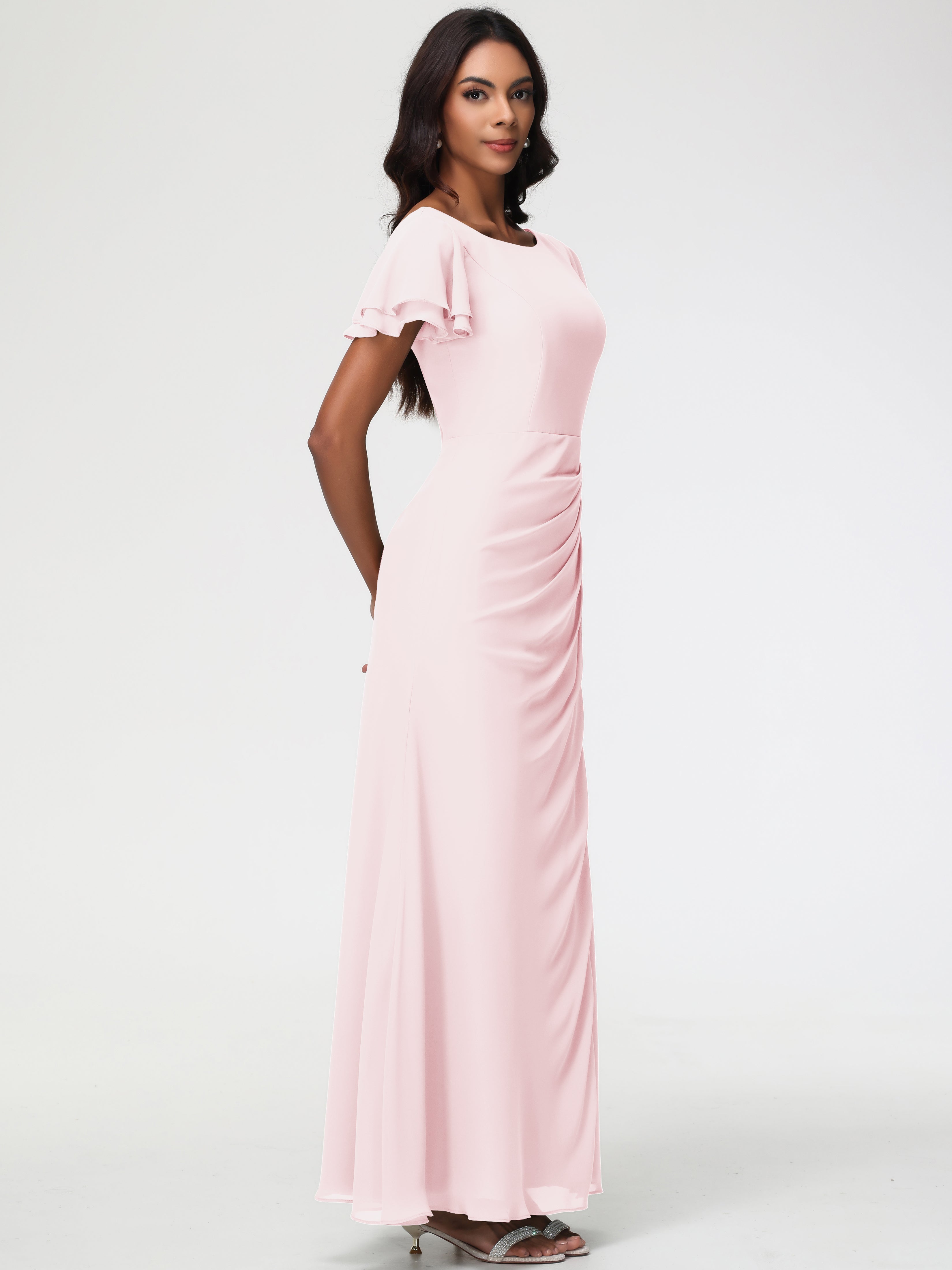 Robe Rose Pale Demoiselle D Honneur Col Rond Manches à Volants Fourreau/Colonne Mousseline Robe Demoiselle d'Honneur