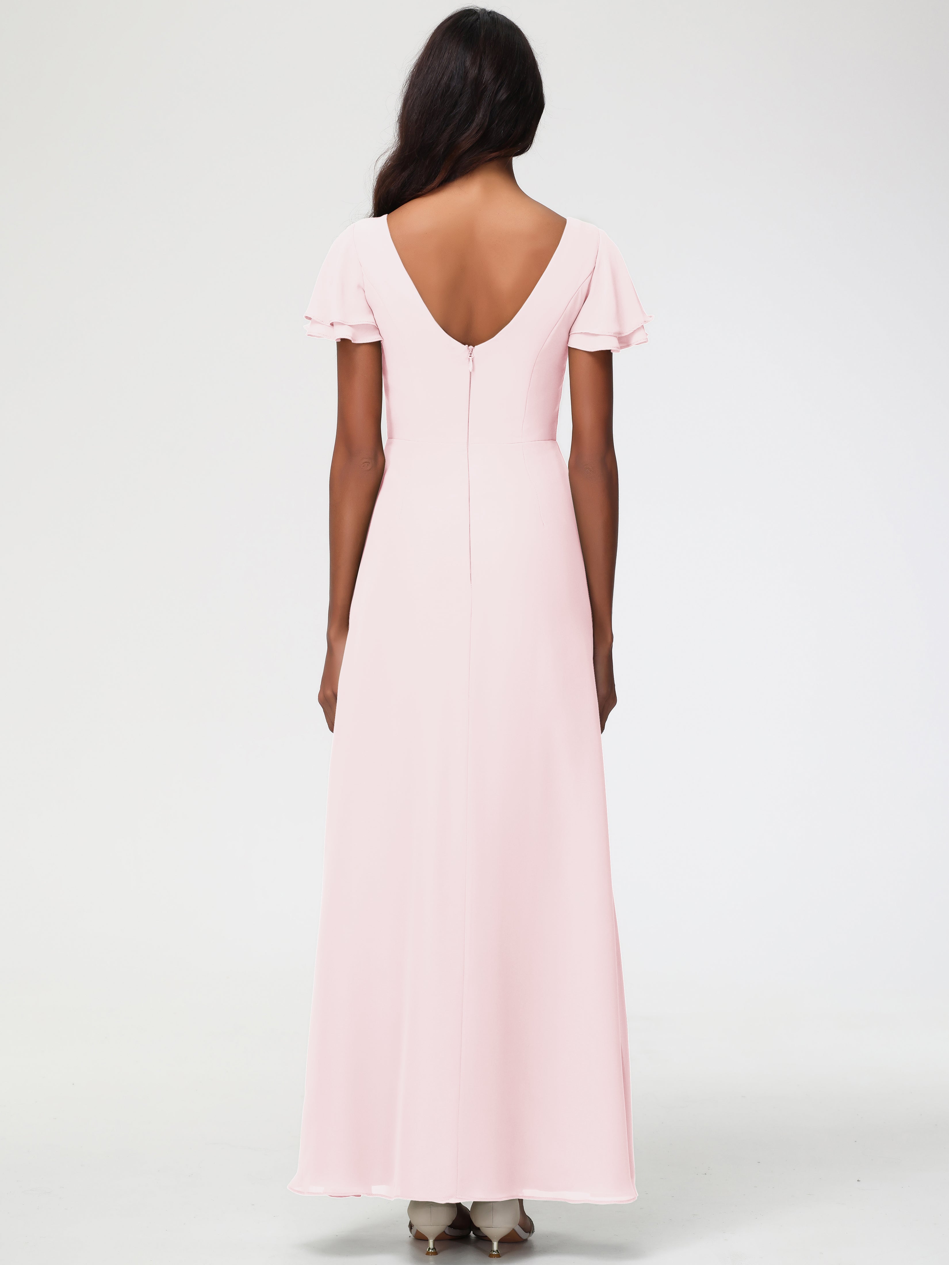Robe Rose Pale Demoiselle D Honneur Col Rond Manches à Volants Fourreau/Colonne Mousseline Robe Demoiselle d'Honneur